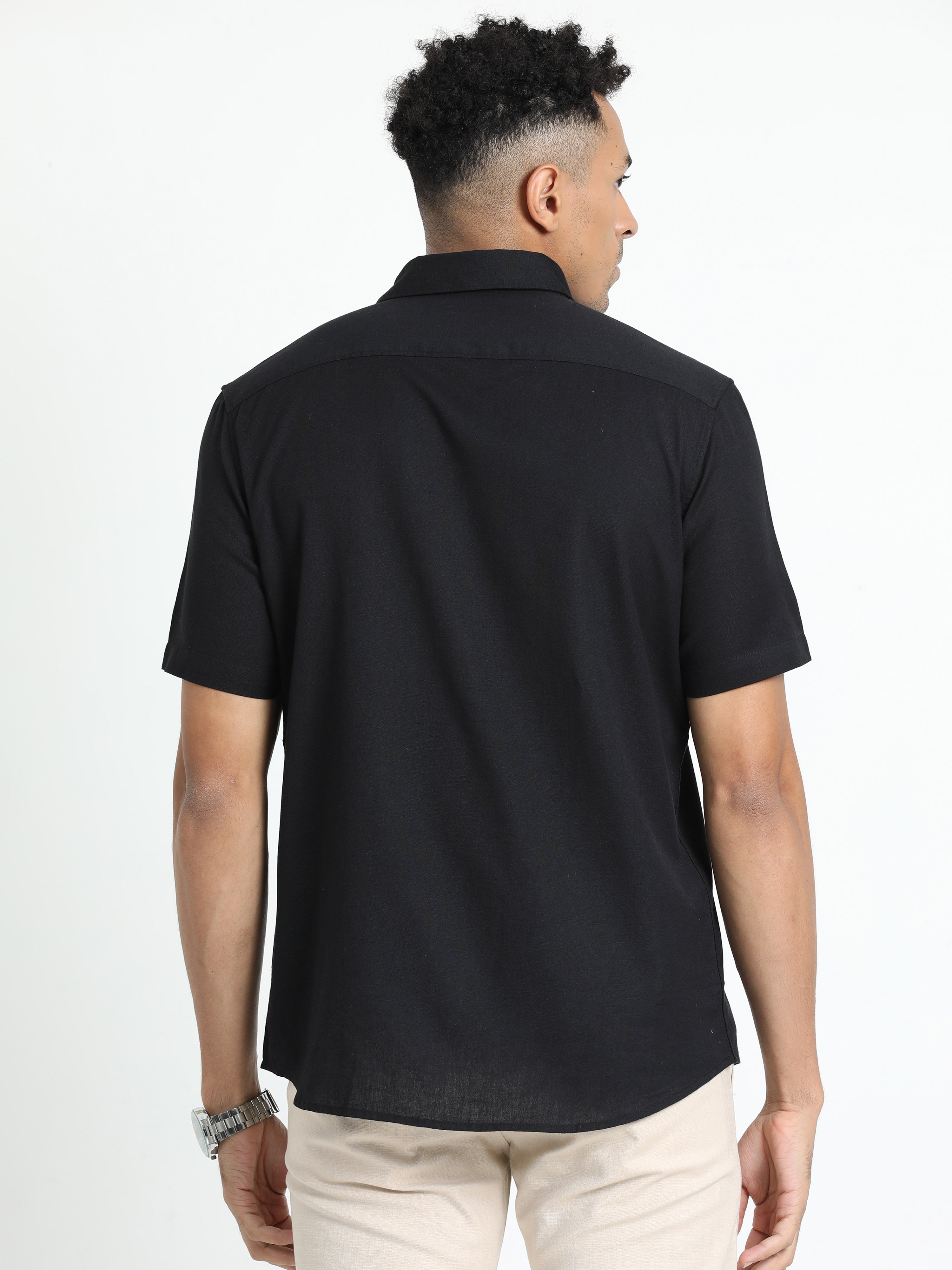 Classic Polo Men's Solid Black Cotton Linen Half Sleeve Woven Shirt | DAMASK-BLACK-SF-HS