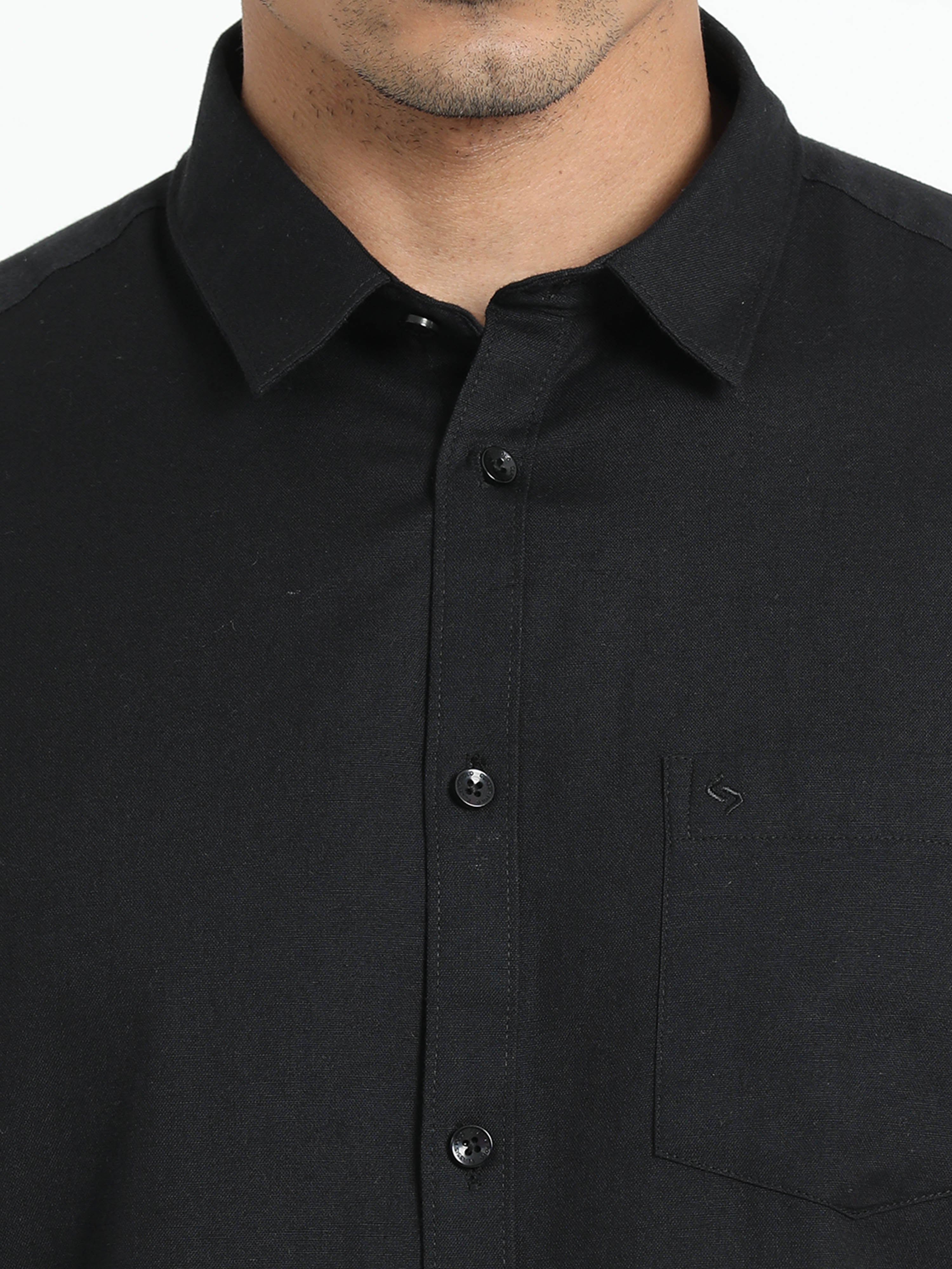 Classic Polo Men's Solid Black Cotton Linen Half Sleeve Woven Shirt | DAMASK-BLACK-SF-HS
