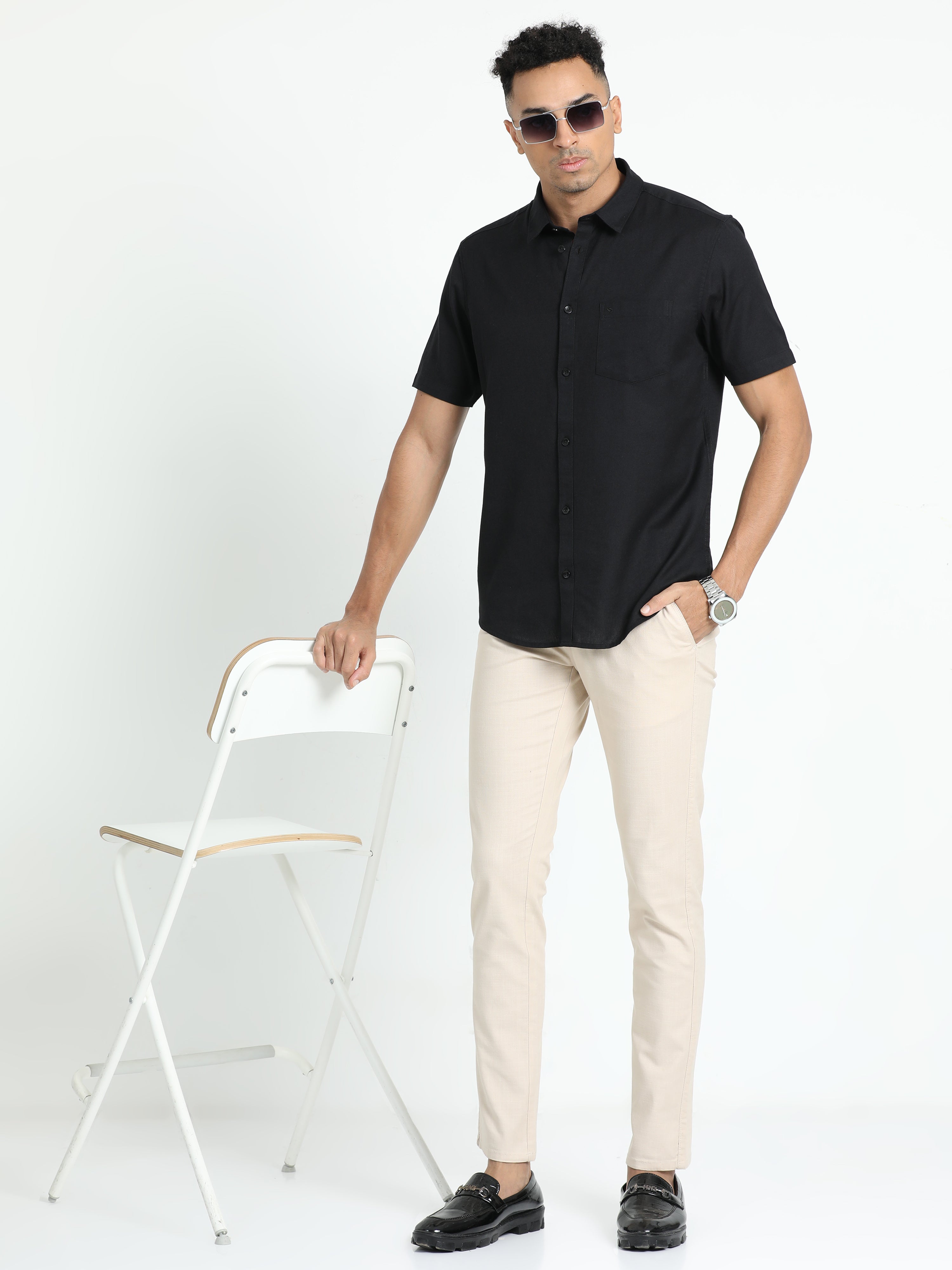 Classic Polo Men's Solid Black Cotton Linen Half Sleeve Woven Shirt | DAMASK-BLACK-SF-HS