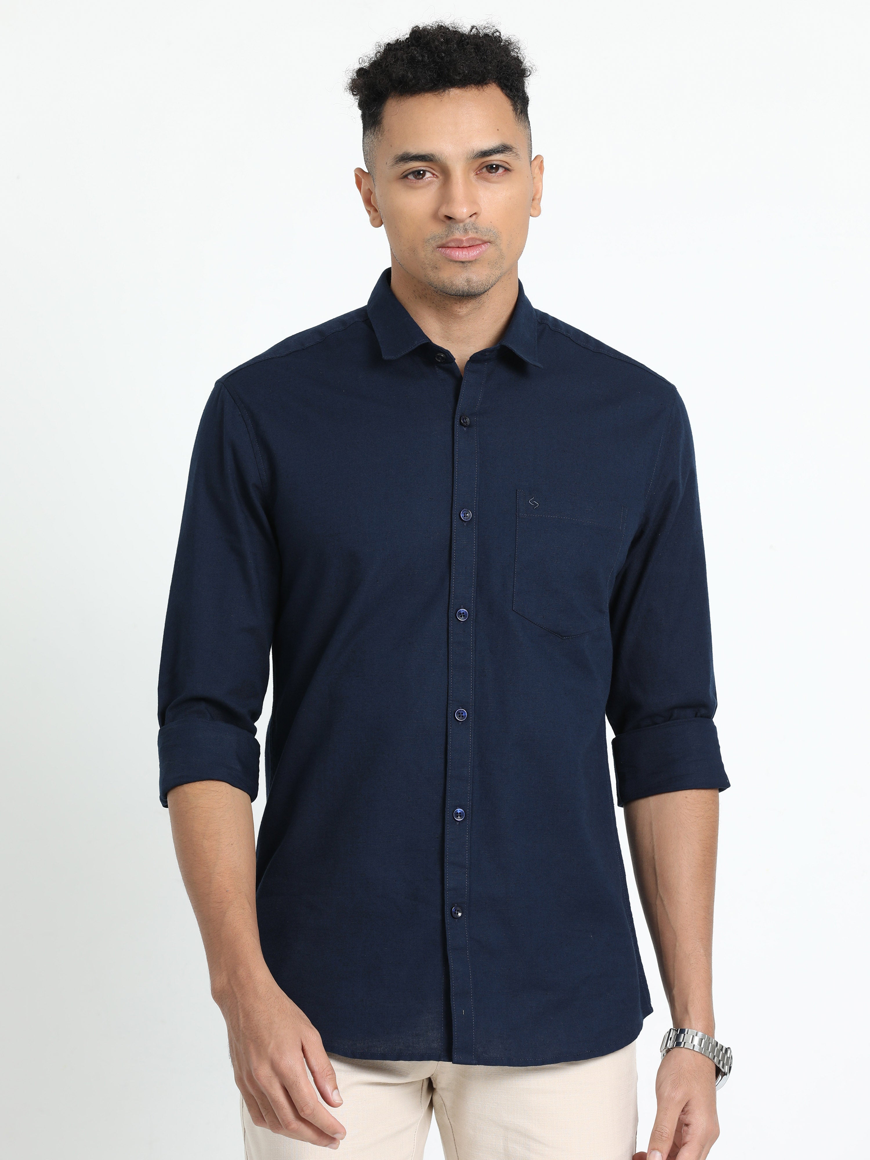 Classic Polo Men's Solid Navy Cotton Linen Full Sleeve Woven Shirt | LINEN - 55 E-FS-SLD-SF