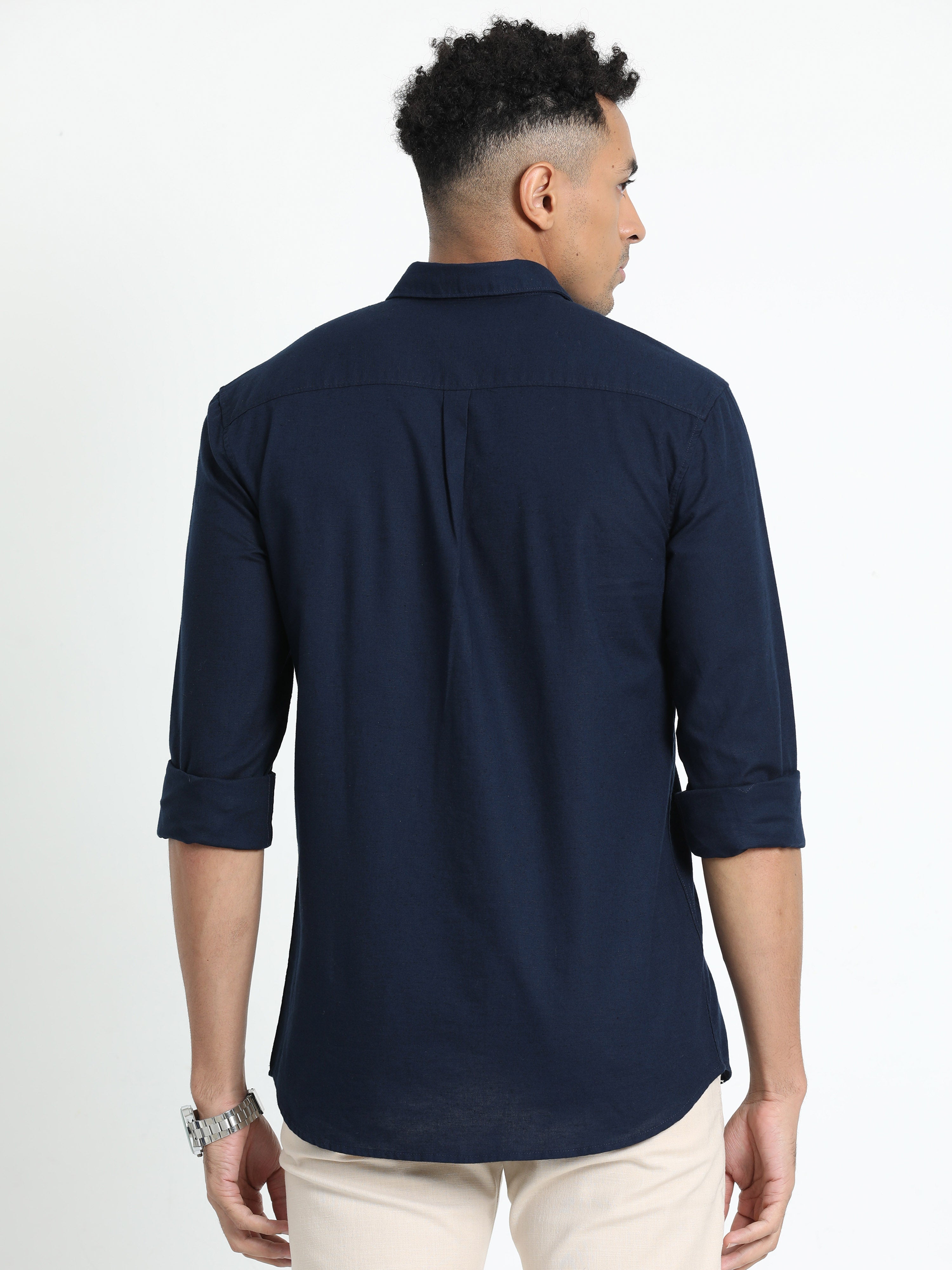 Classic Polo Men's Solid Navy Cotton Linen Full Sleeve Woven Shirt | LINEN - 55 E-FS-SLD-SF