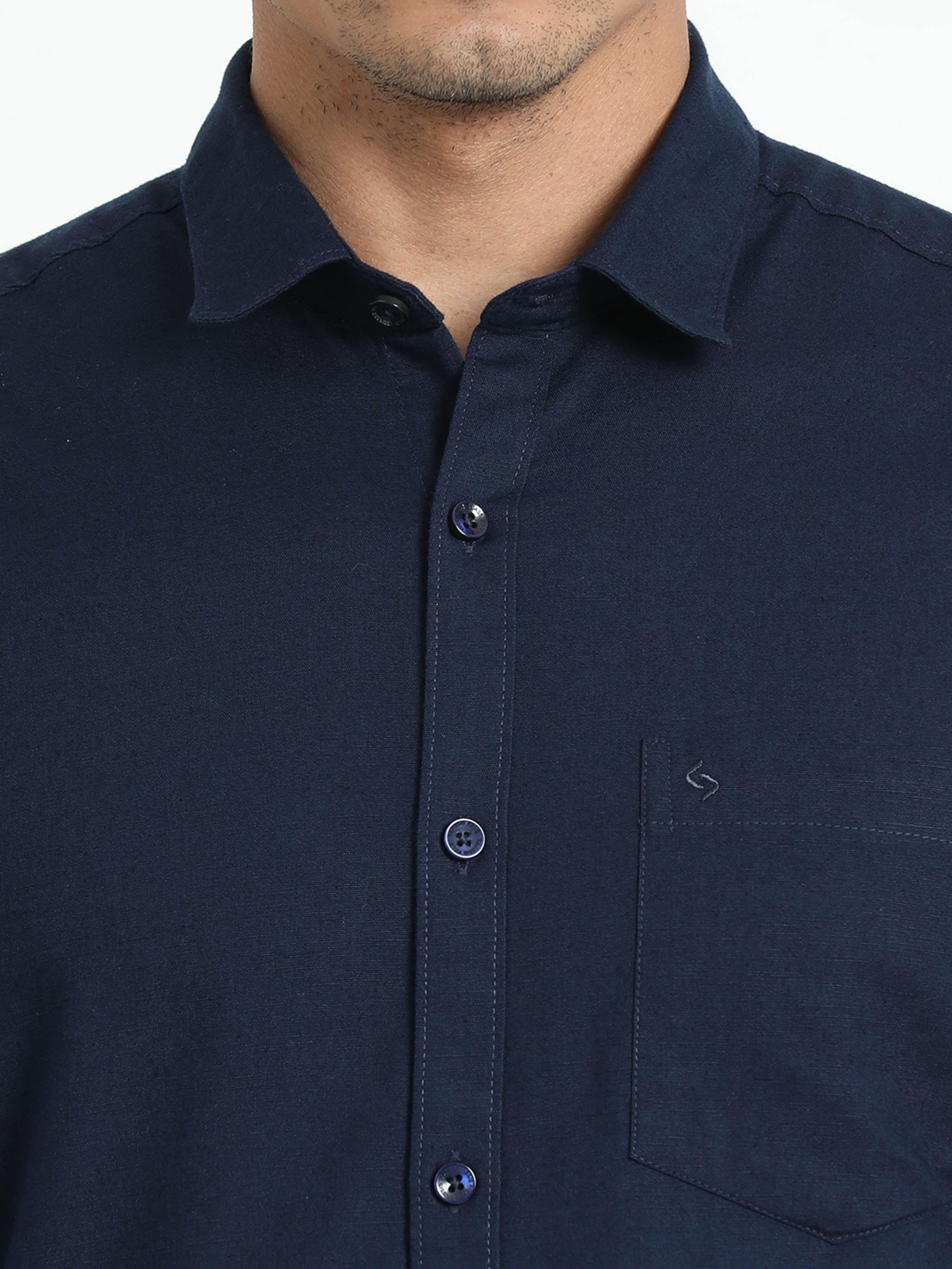 Classic Polo Men's Solid Navy Cotton Linen Full Sleeve Woven Shirt | LINEN - 55 E-FS-SLD-SF