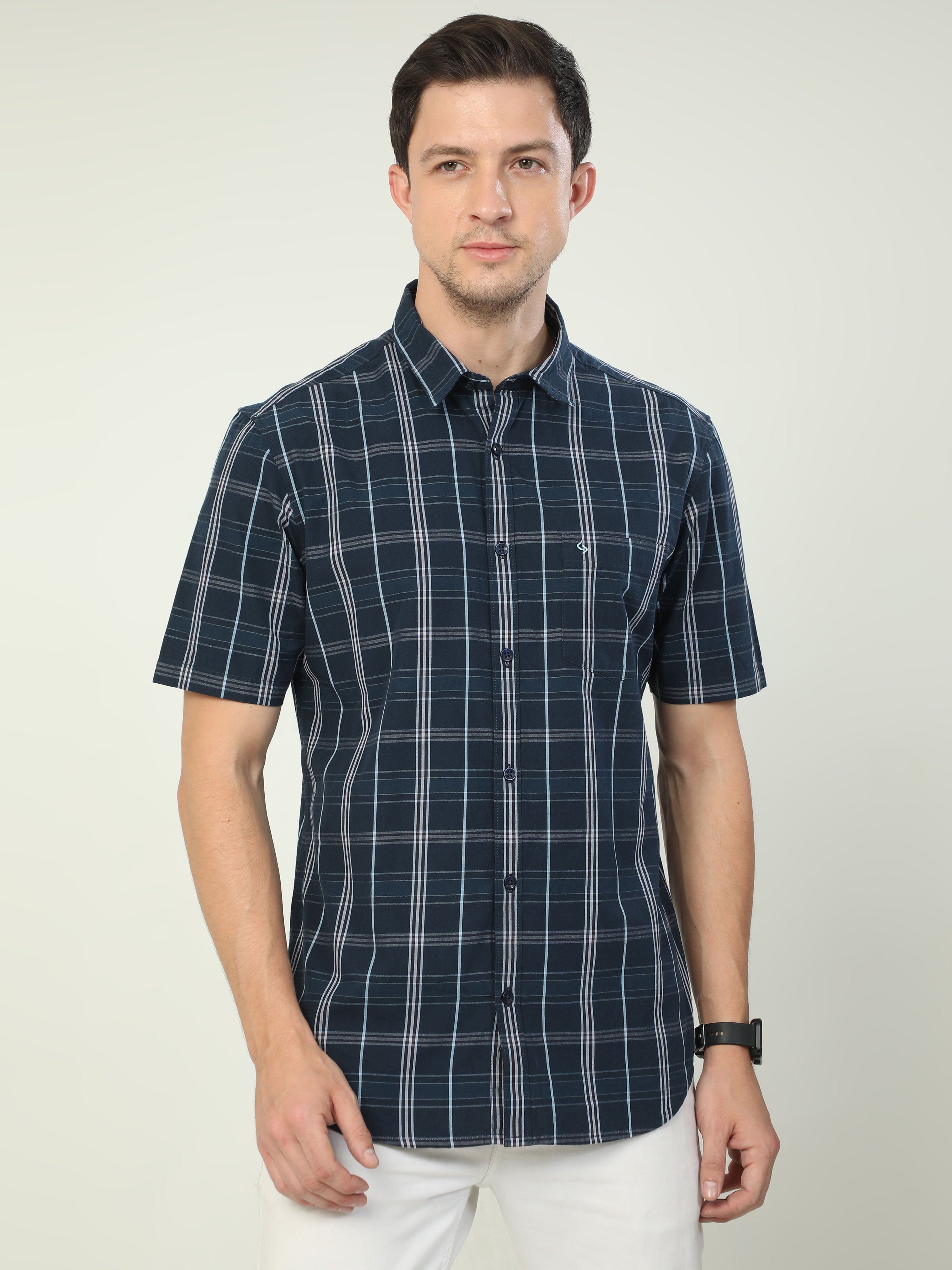 Classic Polo Men's Polo Neck Half Sleeve Slim Fit Cotton Woven Shirt | SO2-100 A-HS-CHK-SF