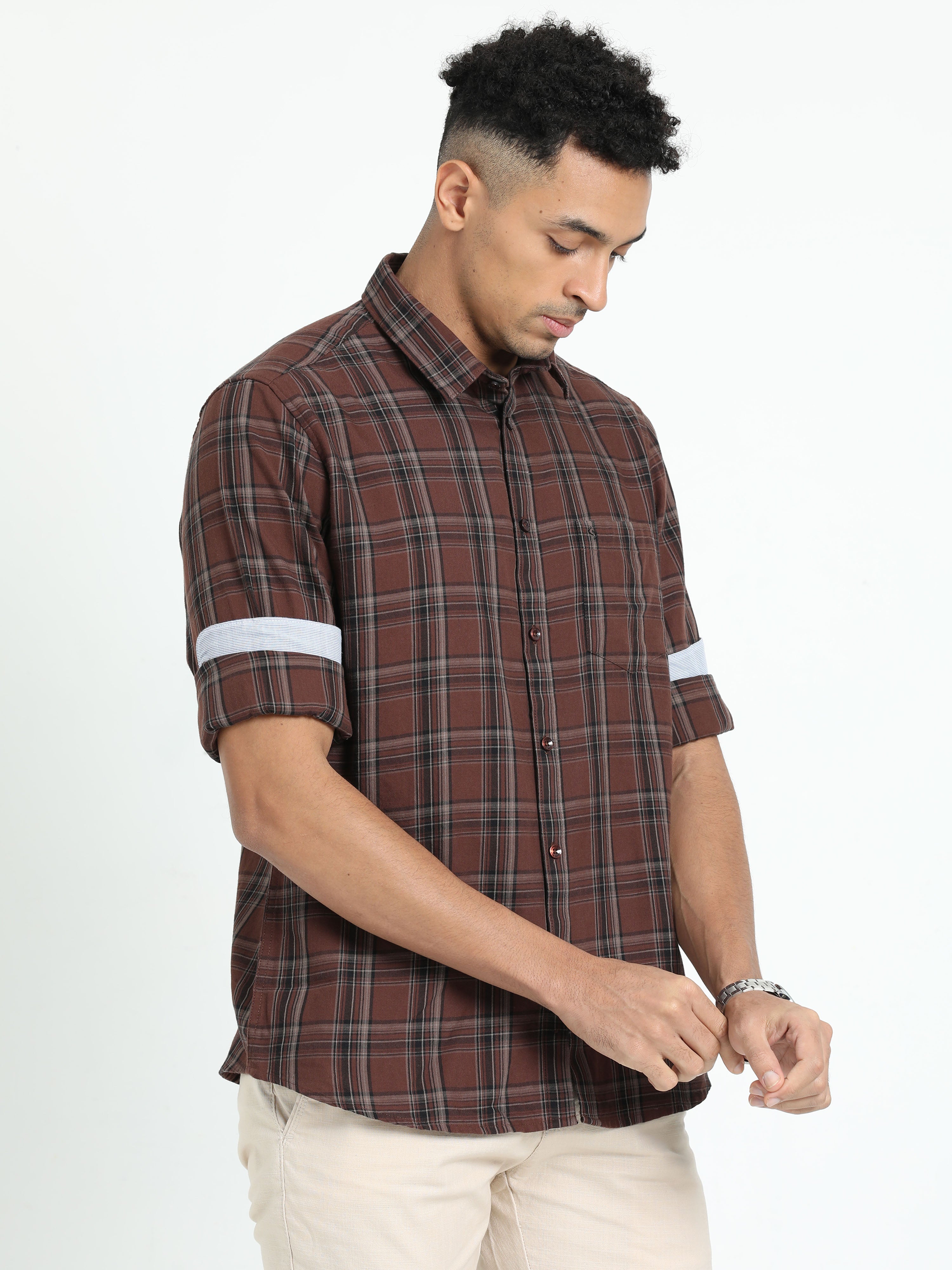 Classic Polo Men's Checked Brown Cotton Full Sleeve Woven Shirt | SO2-53 C-FS-CHK-SF