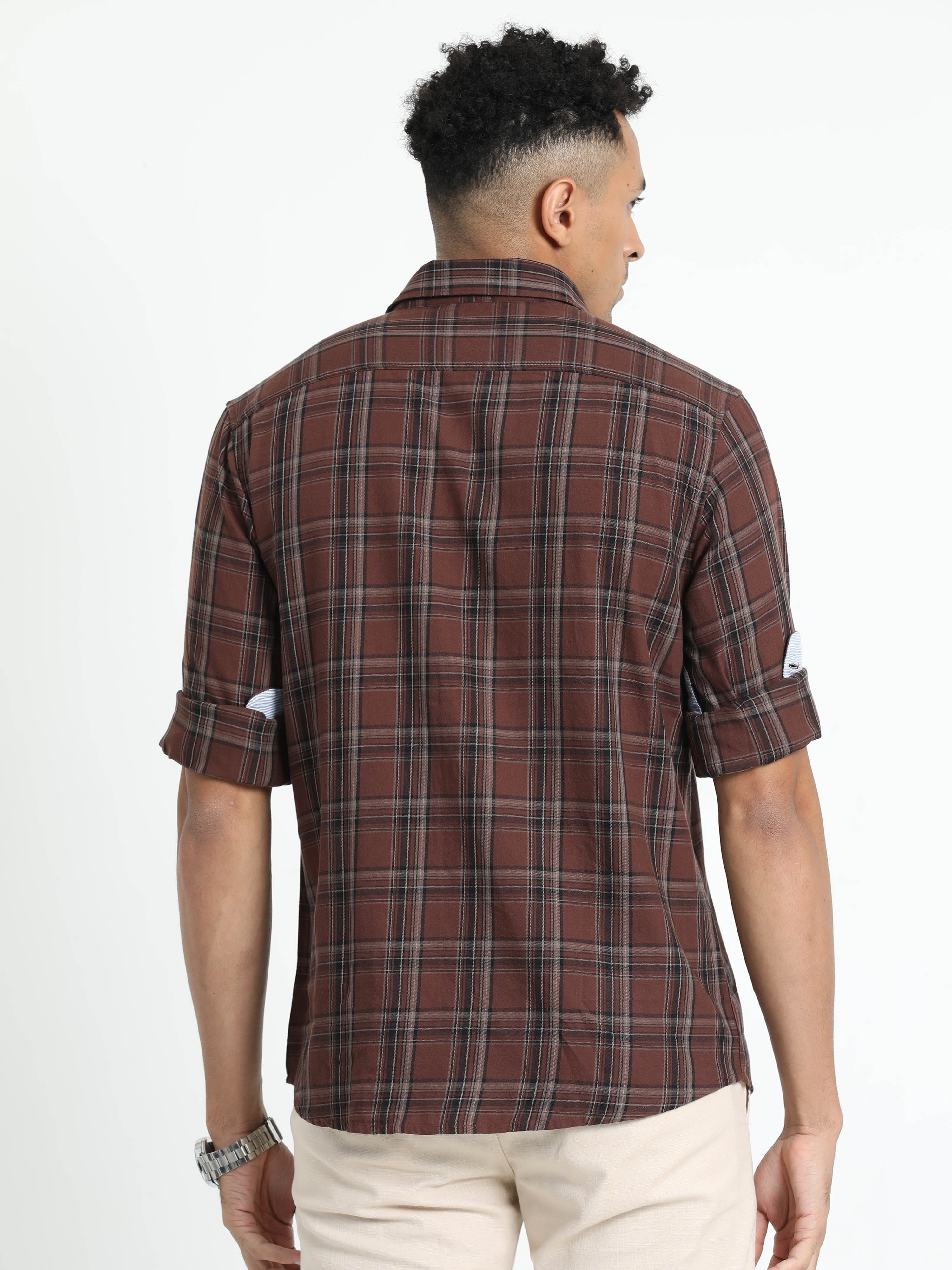 Classic Polo Men's Checked Brown Cotton Full Sleeve Woven Shirt | SO2-53 C-FS-CHK-SF