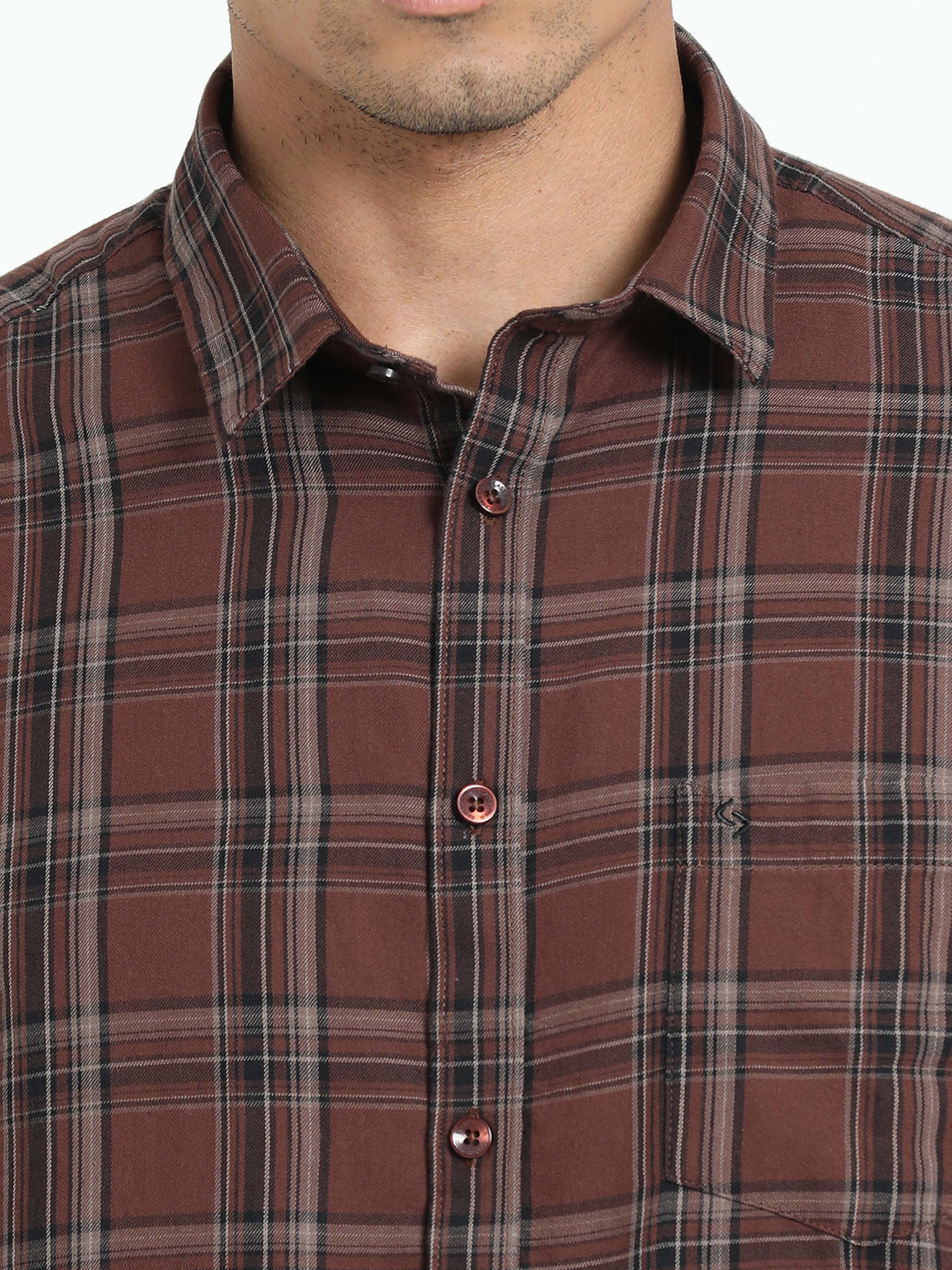 Classic Polo Men's Checked Brown Cotton Full Sleeve Woven Shirt | SO2-53 C-FS-CHK-SF