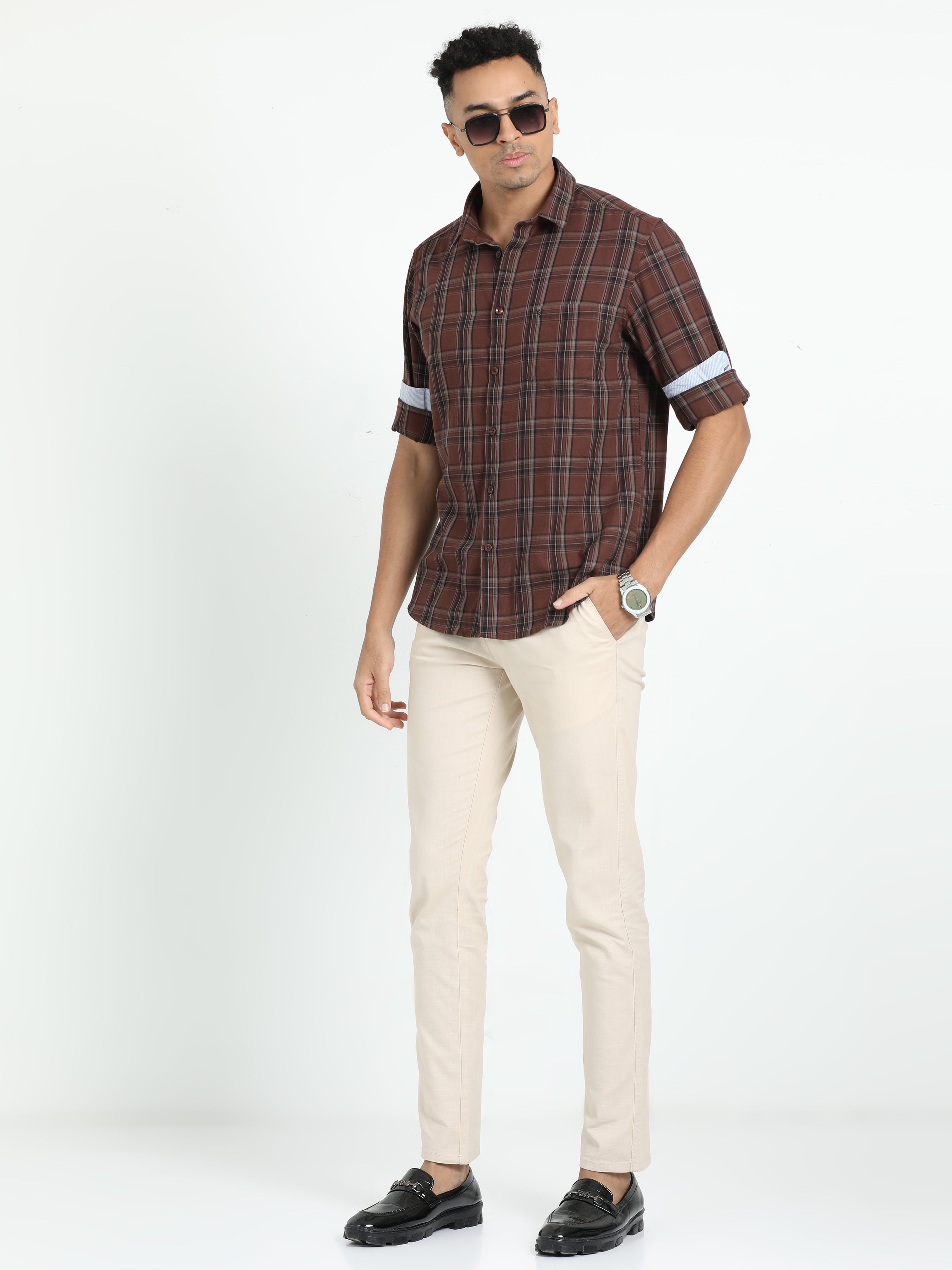 Classic Polo Men's Checked Brown Cotton Full Sleeve Woven Shirt | SO2-53 C-FS-CHK-SF