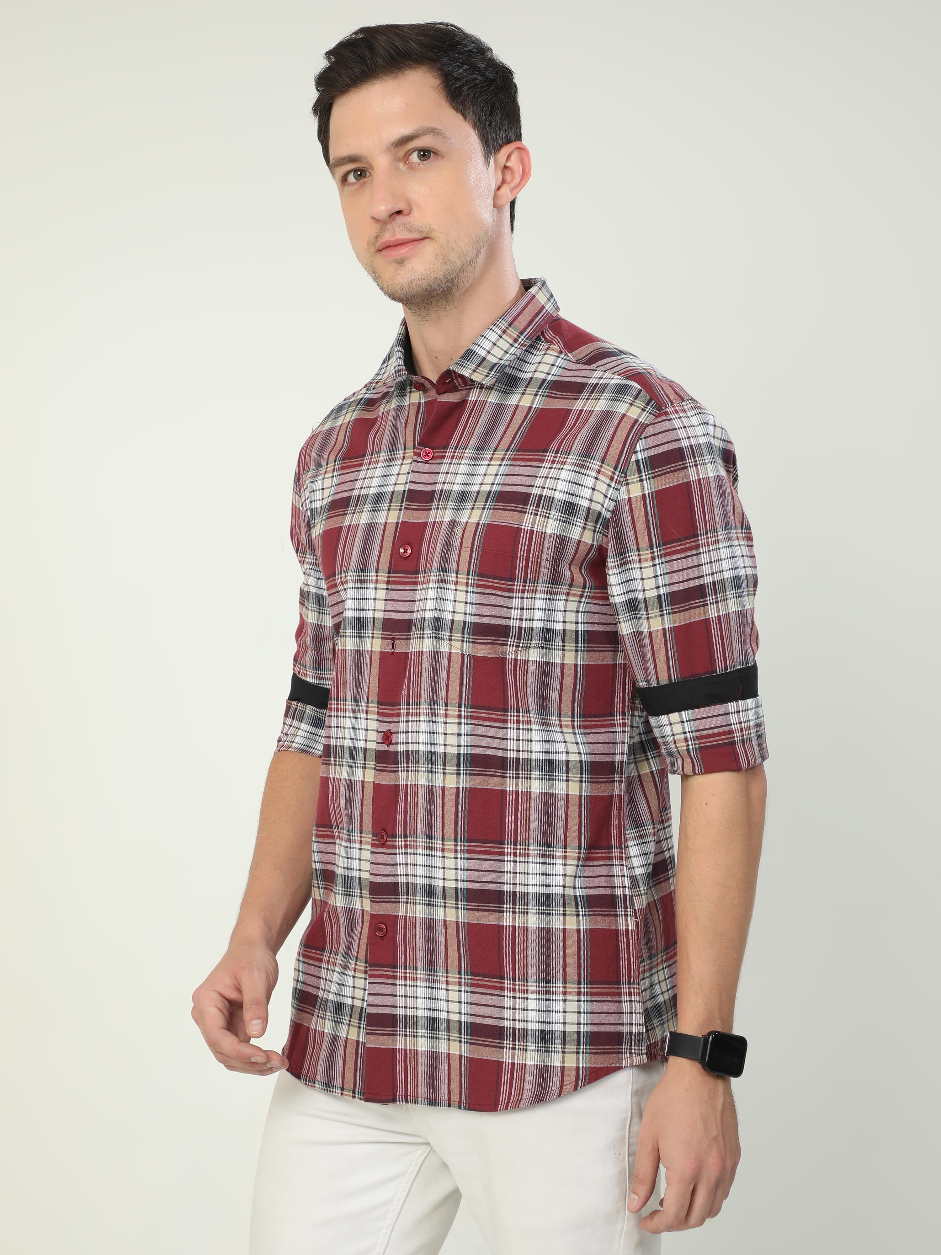 Classic Polo Men's Polo Neck Full Sleeve Slim Fit Cotton Woven Shirt | SO2-34 B-FS-CHK-SF