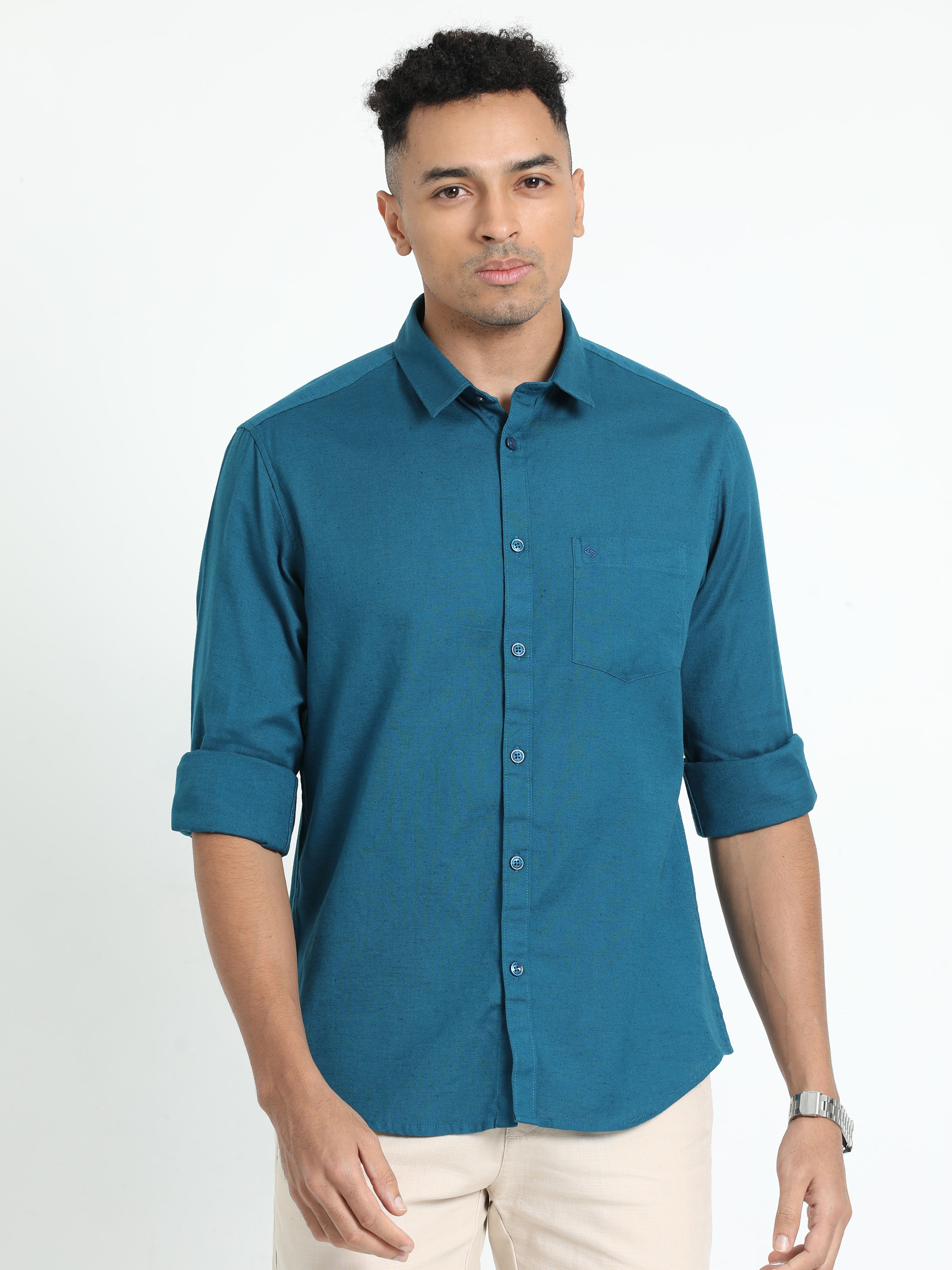 Classic Polo Men's Solid Teal Cotton Linen Full Sleeve Woven Shirt | DAMASK-TEAL SF FS