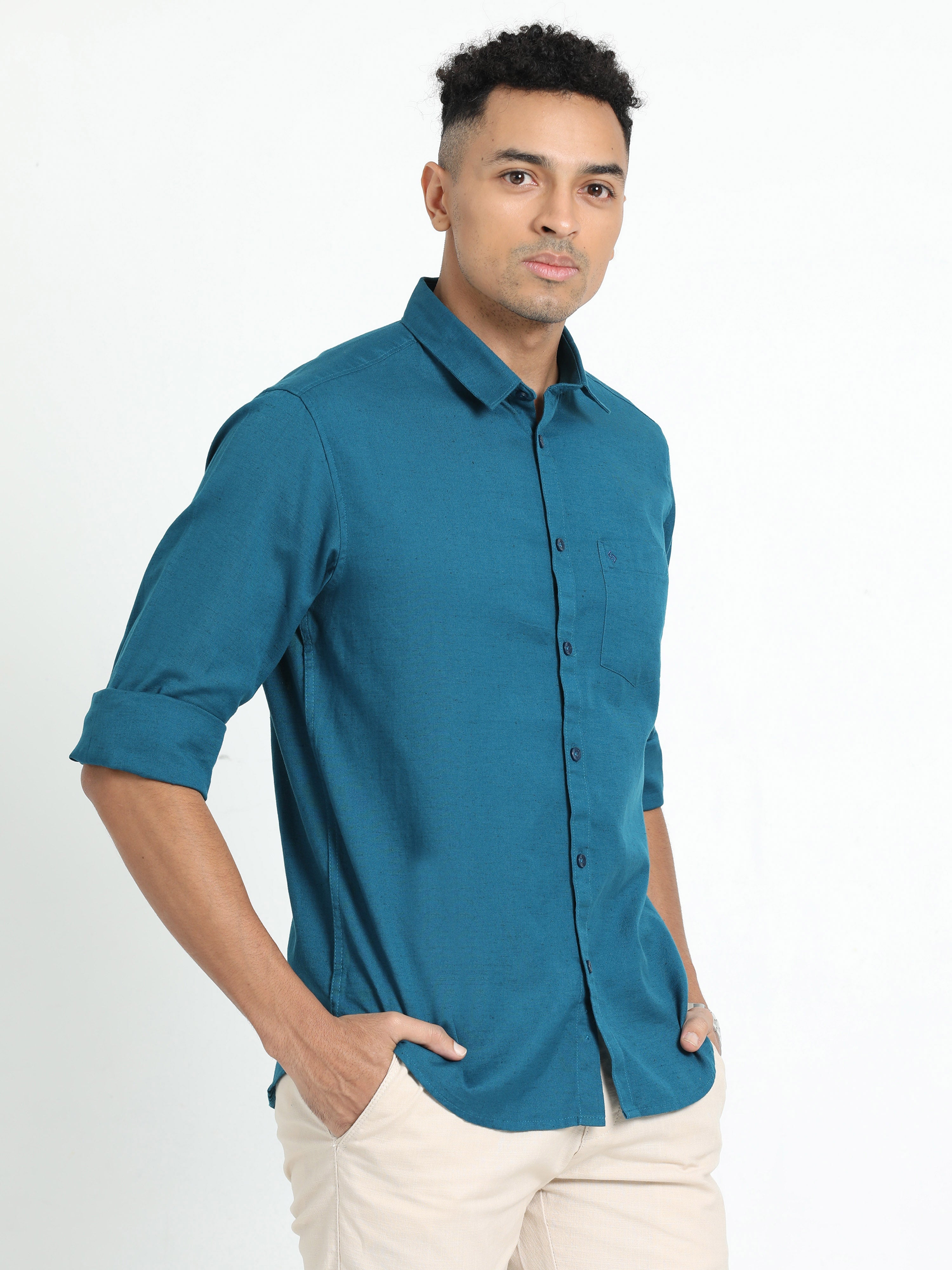 Classic Polo Men's Solid Teal Cotton Linen Full Sleeve Woven Shirt | DAMASK-TEAL SF FS