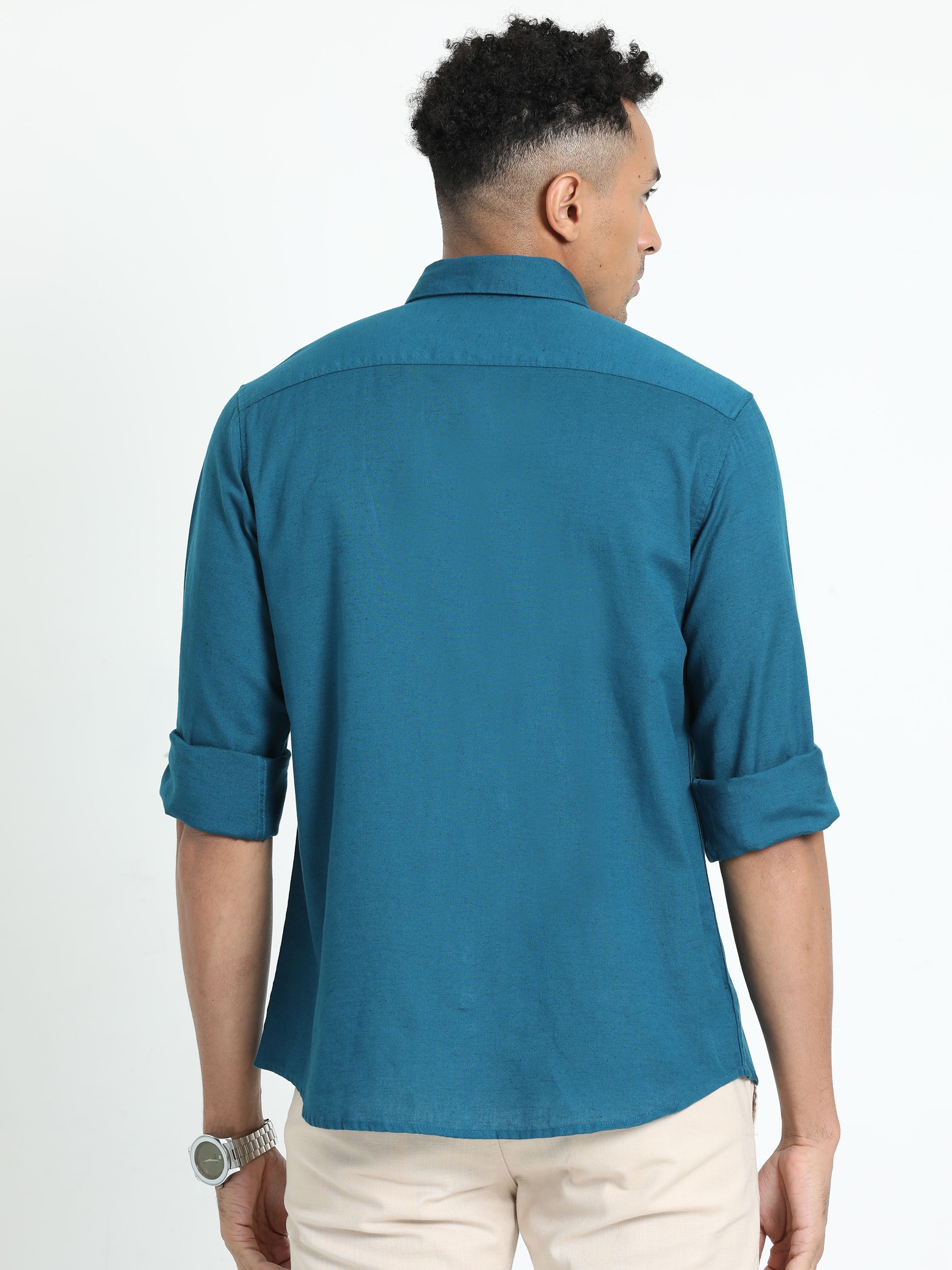 Classic Polo Men's Solid Teal Cotton Linen Full Sleeve Woven Shirt | DAMASK-TEAL SF FS