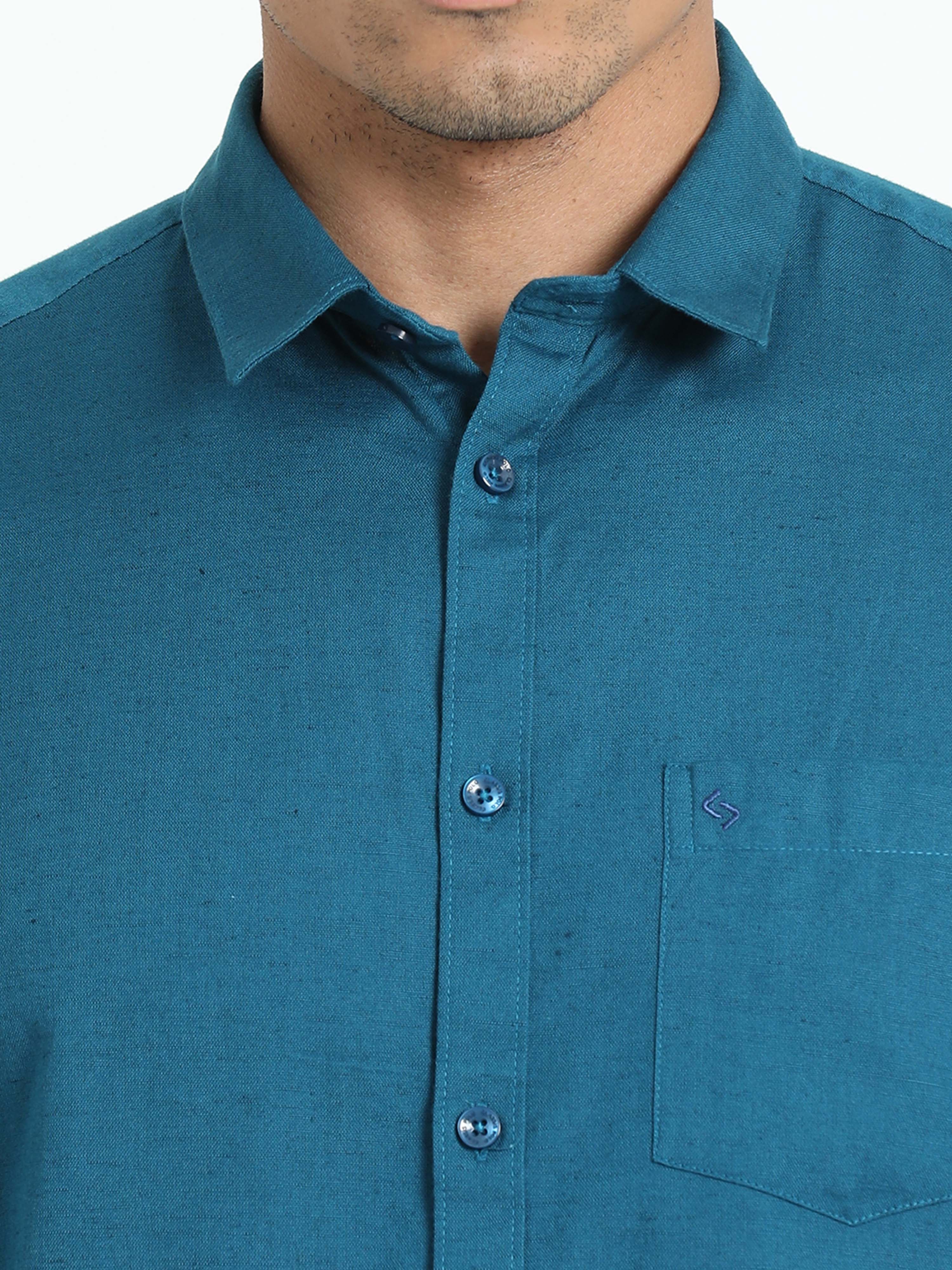 Classic Polo Men's Solid Teal Cotton Linen Full Sleeve Woven Shirt | DAMASK-TEAL SF FS