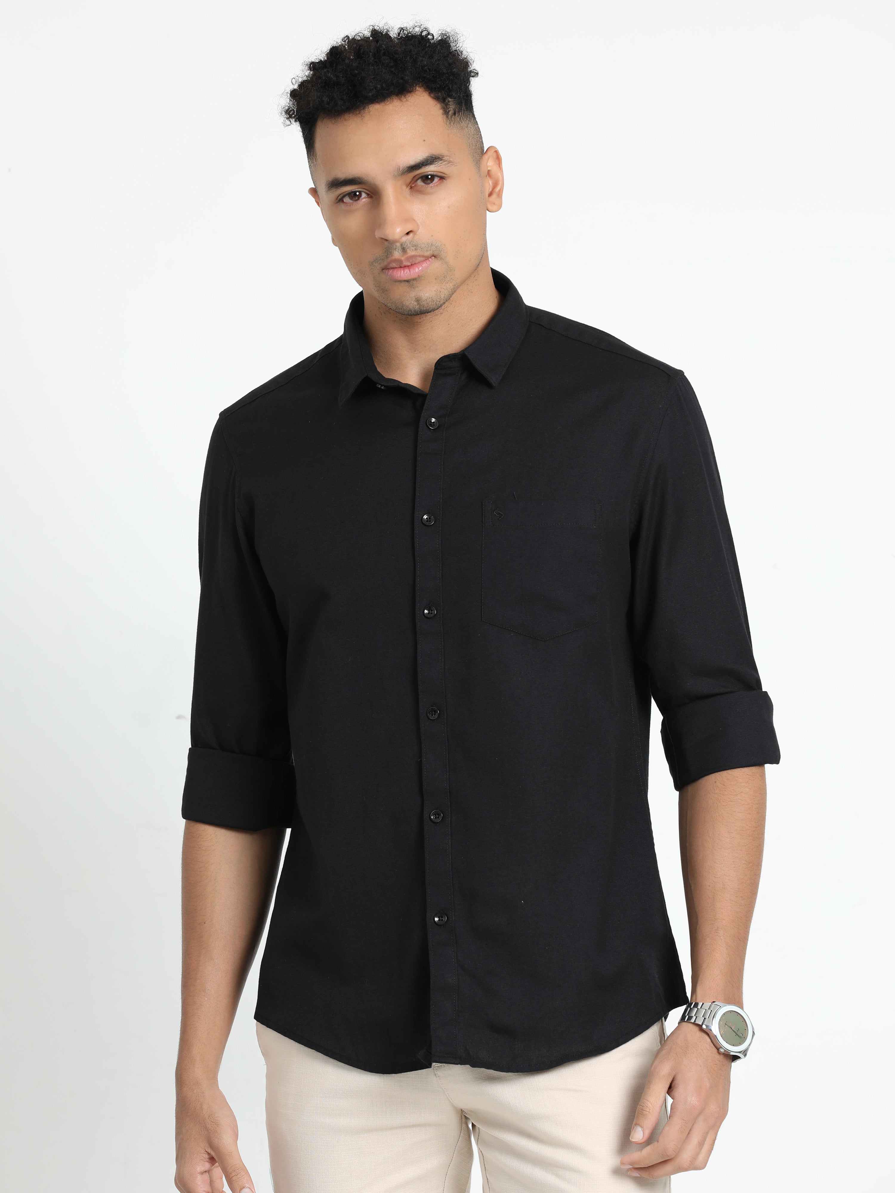 Classic Polo Men's Solid Black Cotton Linen Full Sleeve Woven Shirt | DAMASK-BLACK SF FS