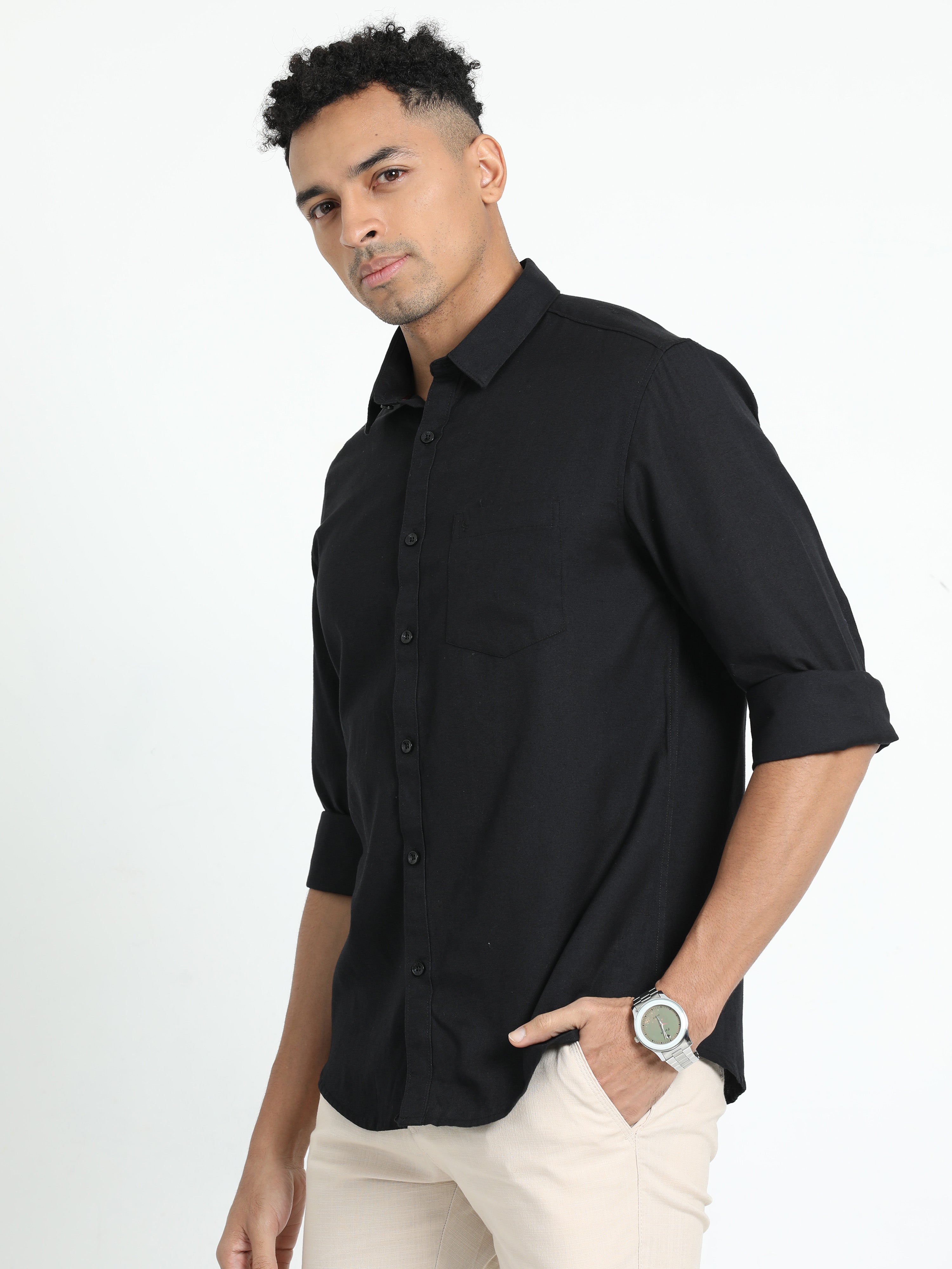 Classic Polo Men's Solid Black Cotton Linen Full Sleeve Woven Shirt | DAMASK-BLACK SF FS