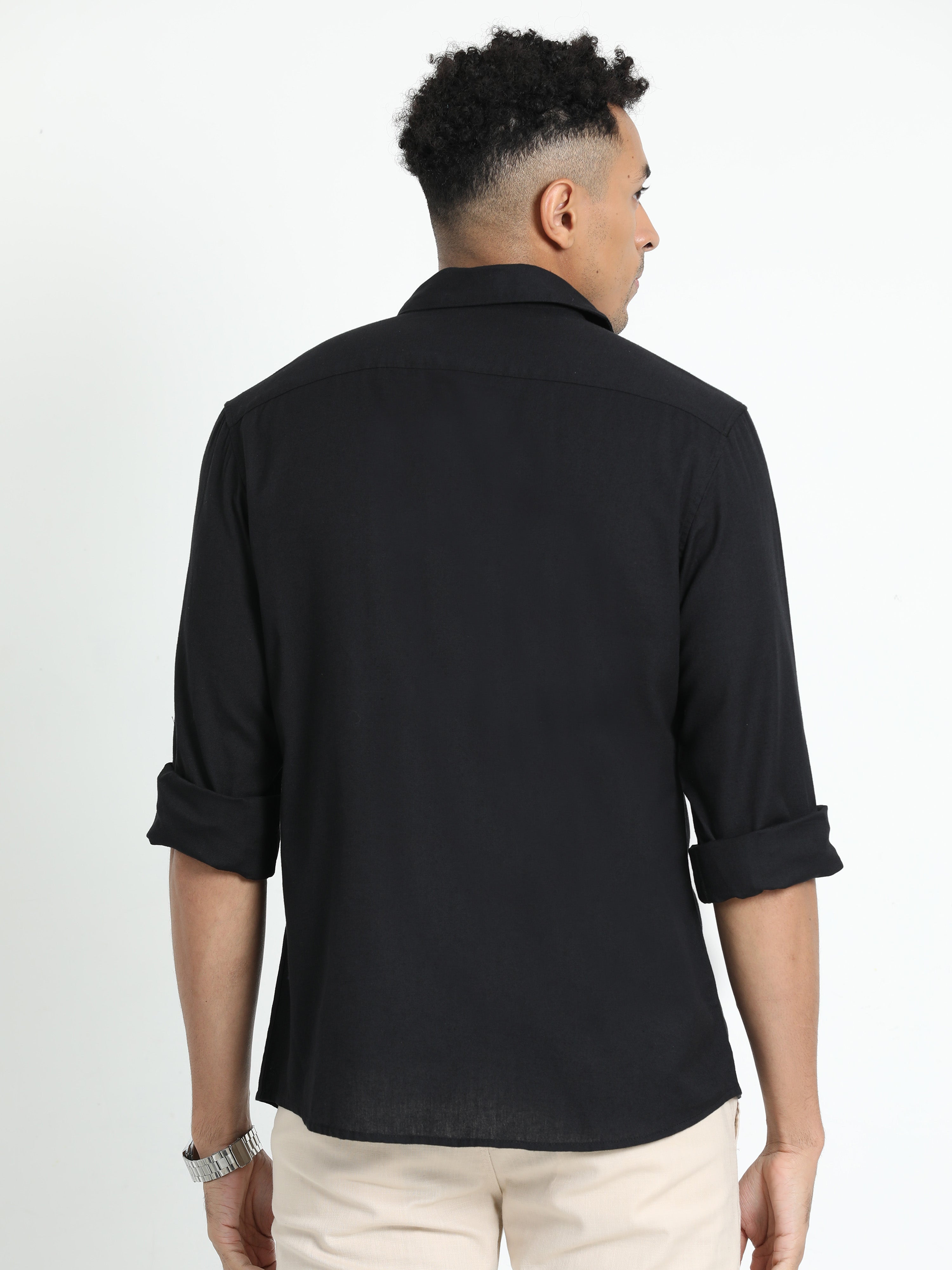 Classic Polo Men's Solid Black Cotton Linen Full Sleeve Woven Shirt | DAMASK-BLACK SF FS