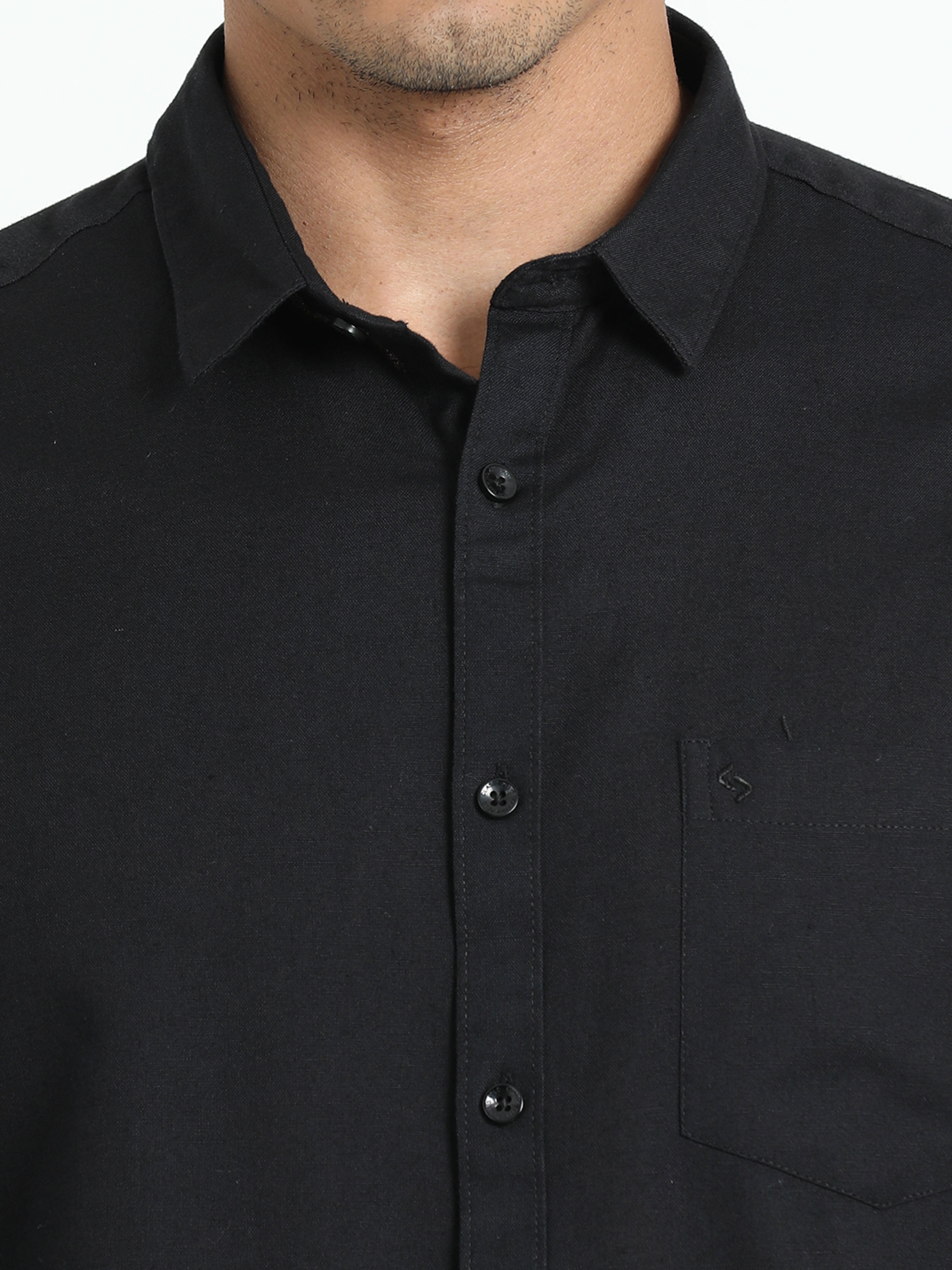 Classic Polo Men's Solid Black Cotton Linen Full Sleeve Woven Shirt | DAMASK-BLACK SF FS