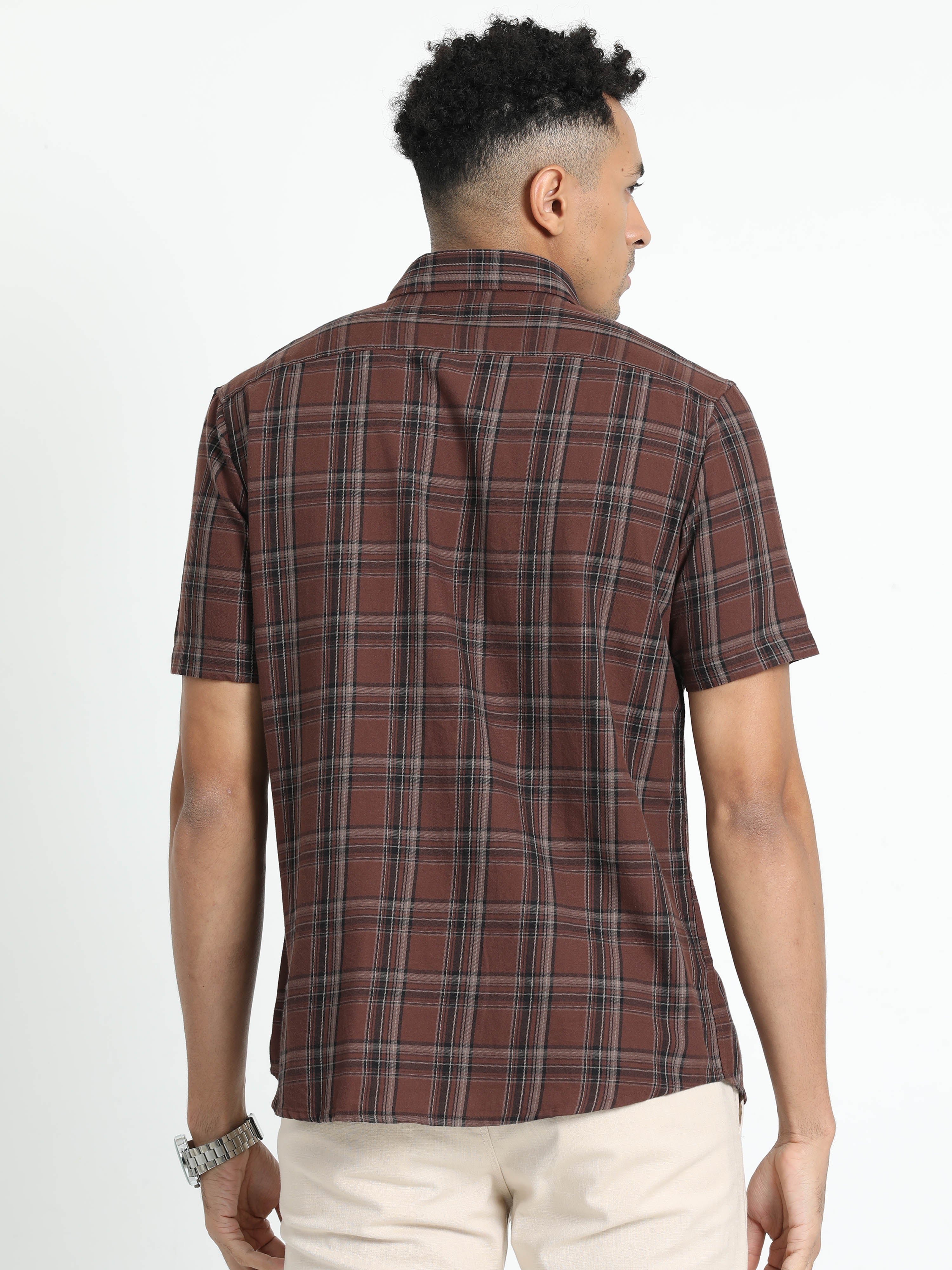 Classic Polo Men's Checked Brown Cotton Half Sleeve Woven Shirt | SO2-53 C-HS-CHK-SF