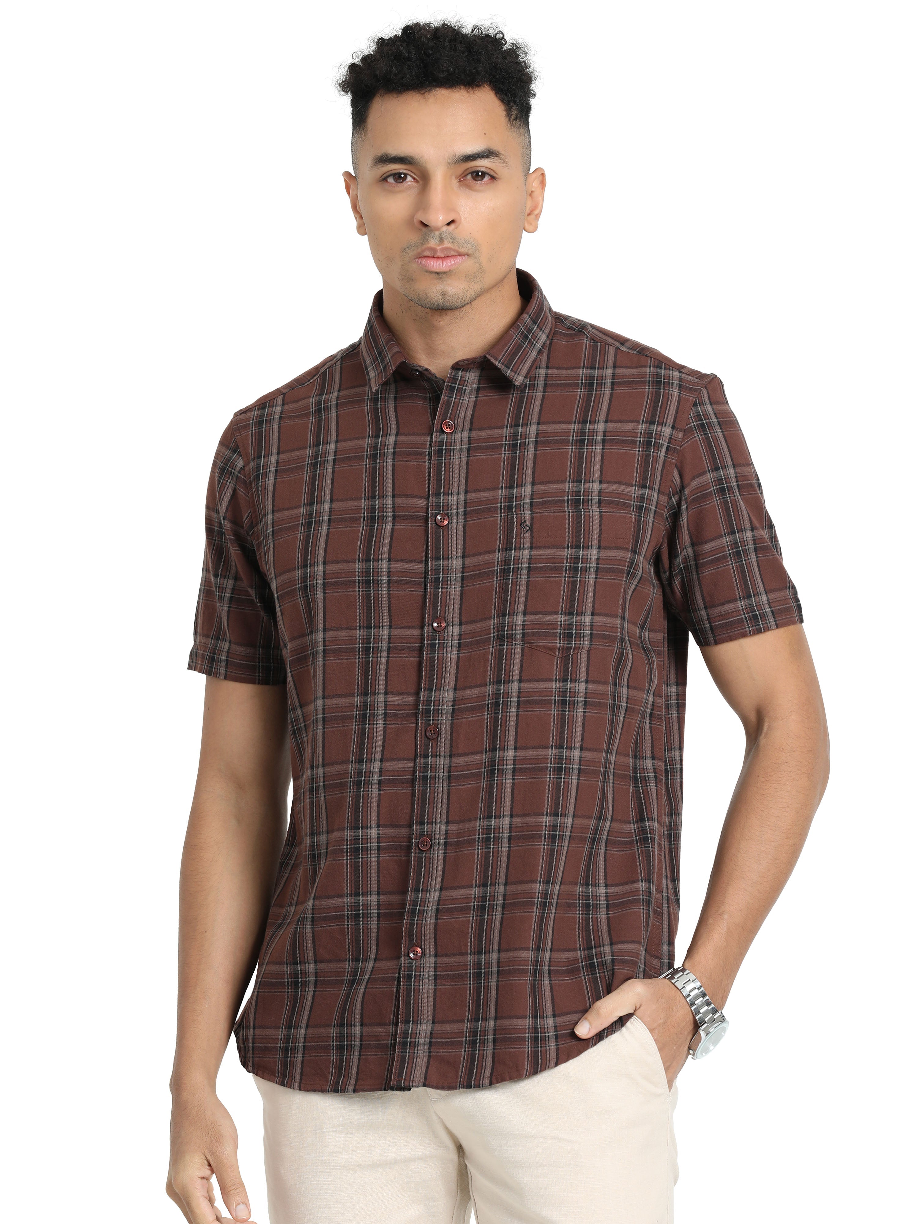 Classic Polo Men's Checked Brown Cotton Half Sleeve Woven Shirt | SO2-53 C-HS-CHK-SF