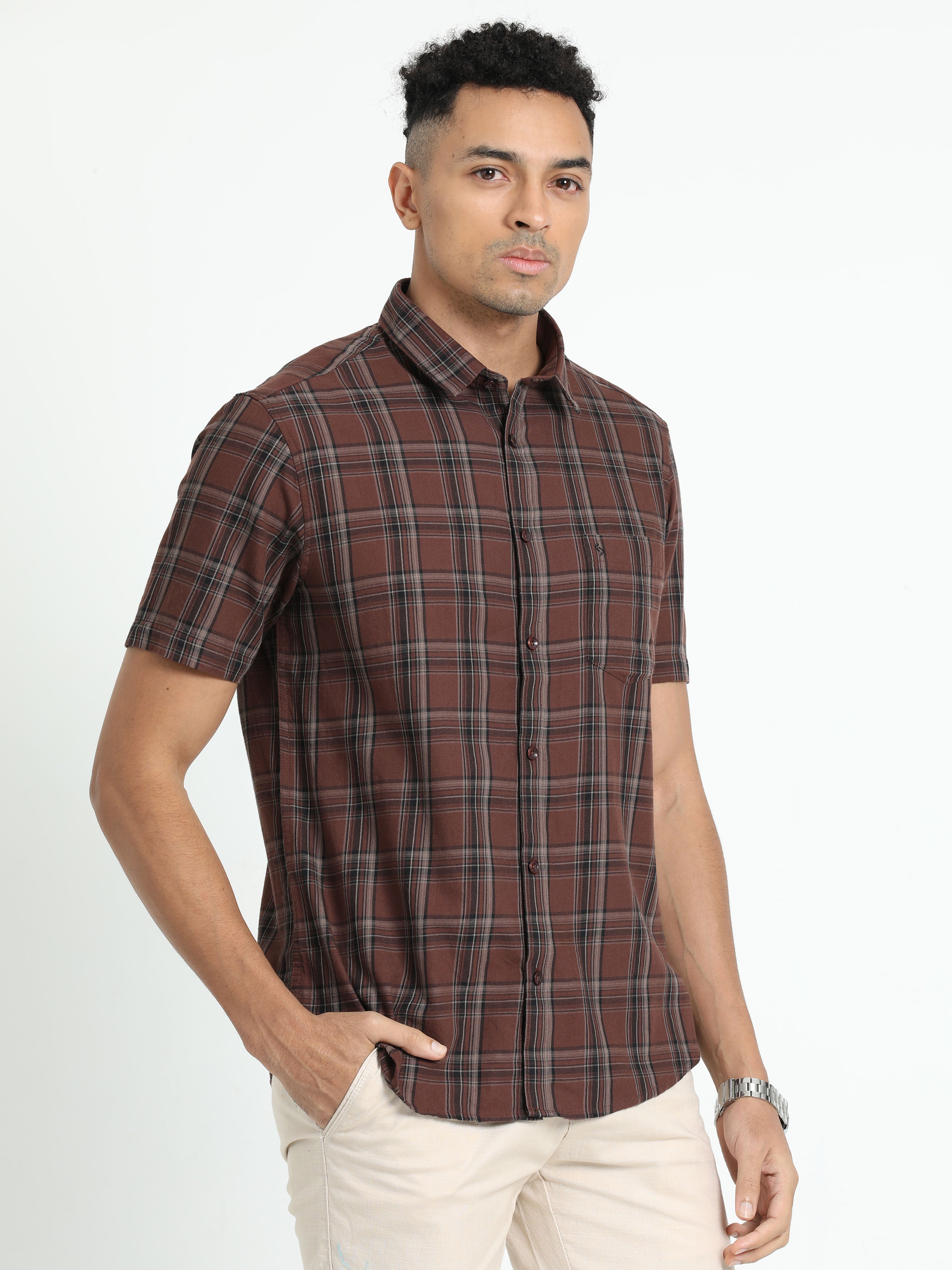 Classic Polo Men's Checked Brown Cotton Half Sleeve Woven Shirt | SO2-53 C-HS-CHK-SF