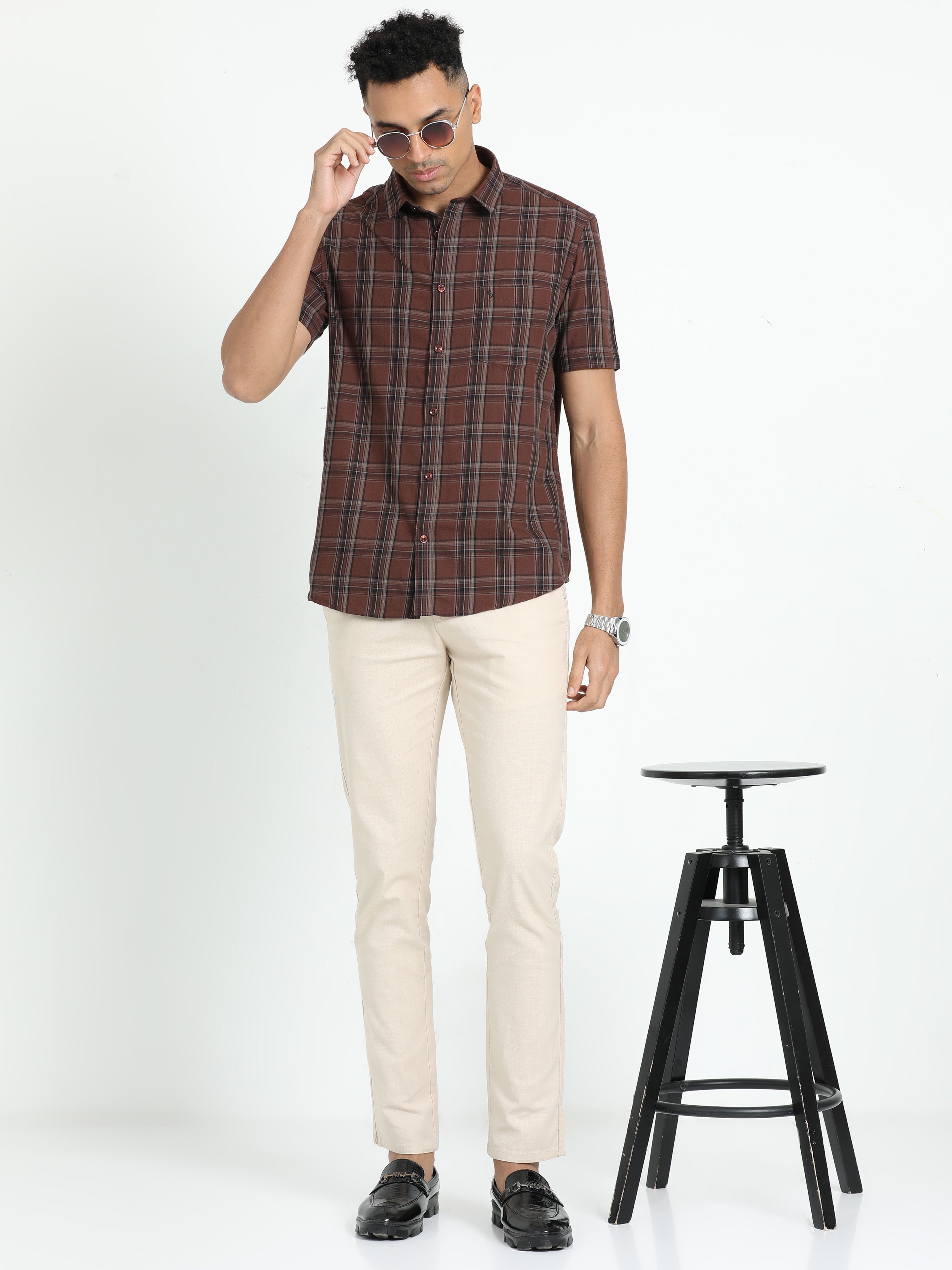 Classic Polo Men's Checked Brown Cotton Half Sleeve Woven Shirt | SO2-53 C-HS-CHK-SF