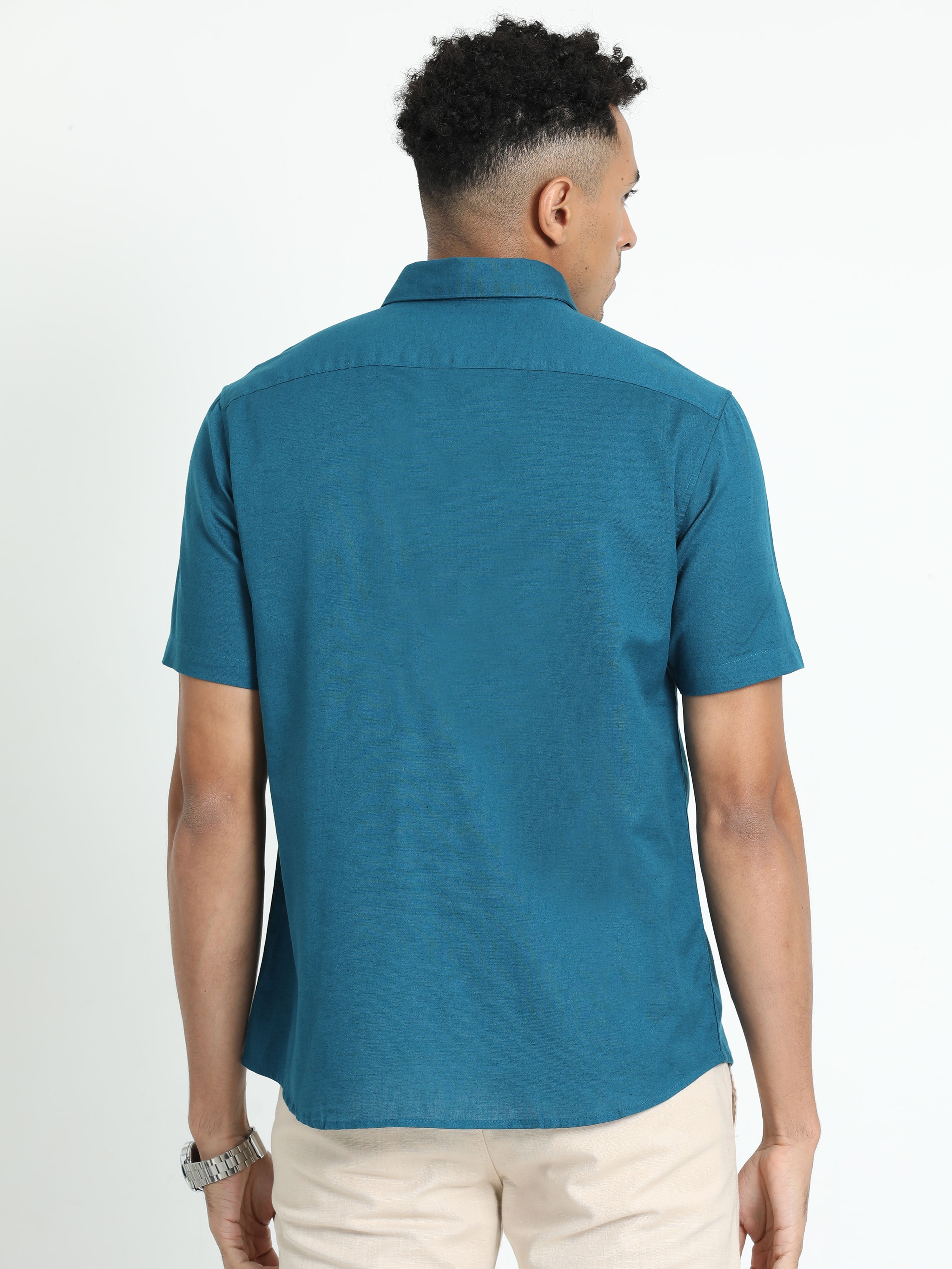 Classic Polo Men's Solid Teal Cotton Linen Half Sleeve Woven Shirt | DAMASK-TEAL SF HS
