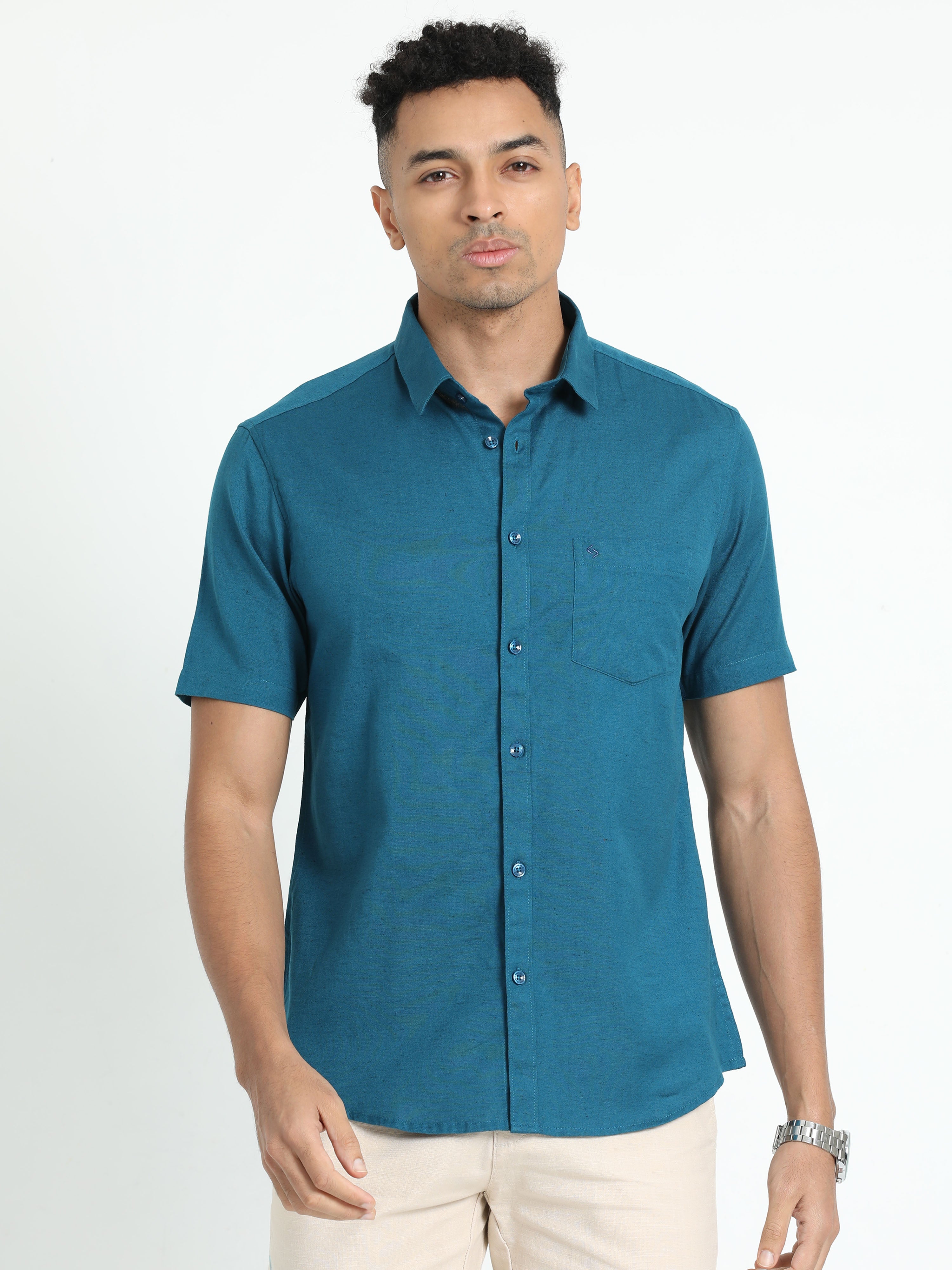 Classic Polo Men's Solid Teal Cotton Linen Half Sleeve Woven Shirt | DAMASK-TEAL SF HS