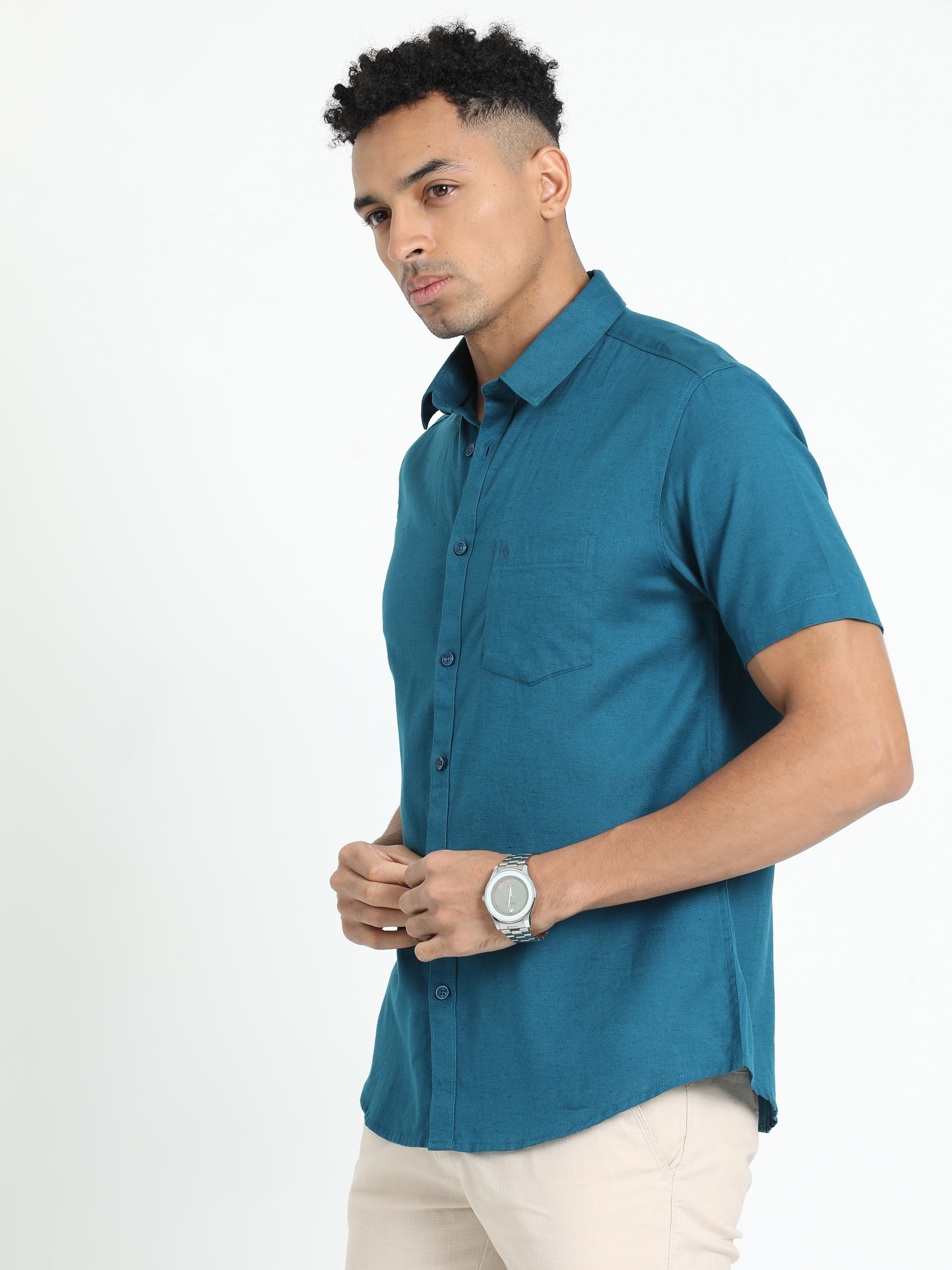 Classic Polo Men's Solid Teal Cotton Linen Half Sleeve Woven Shirt | DAMASK-TEAL SF HS