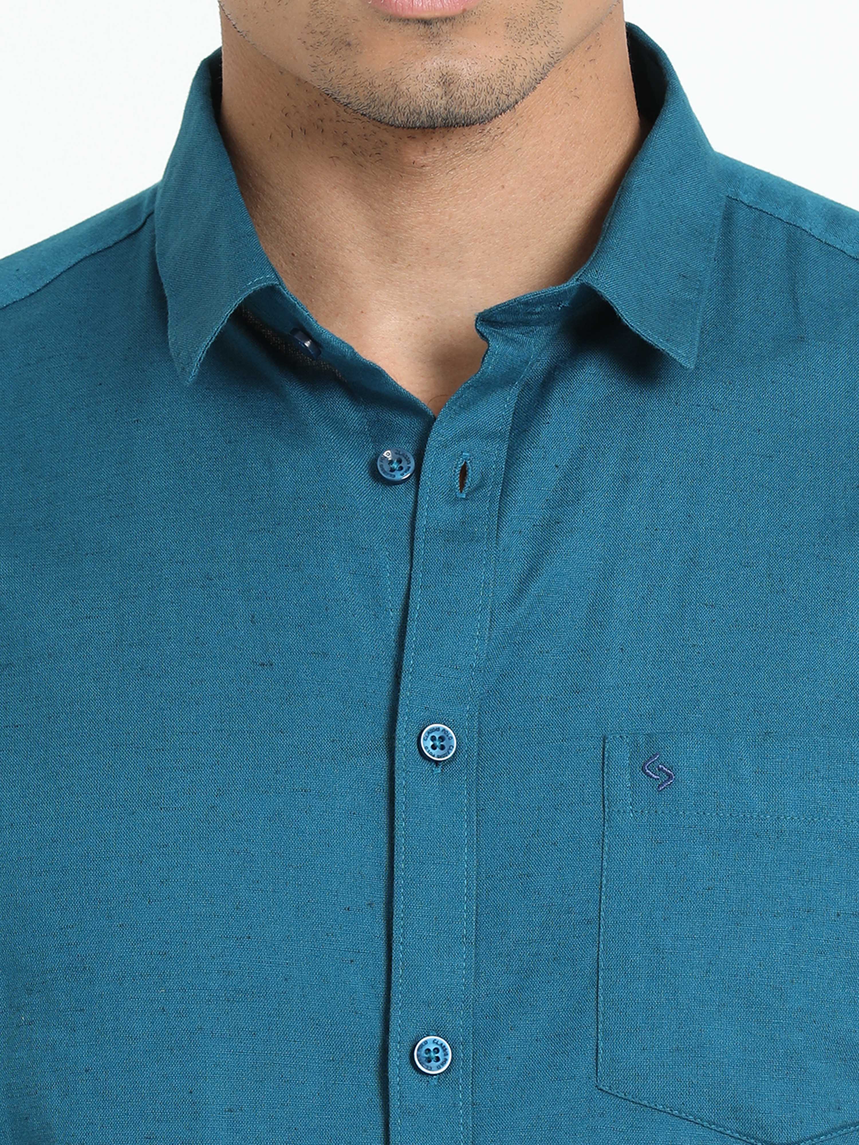 Classic Polo Men's Solid Teal Cotton Linen Half Sleeve Woven Shirt | DAMASK-TEAL SF HS