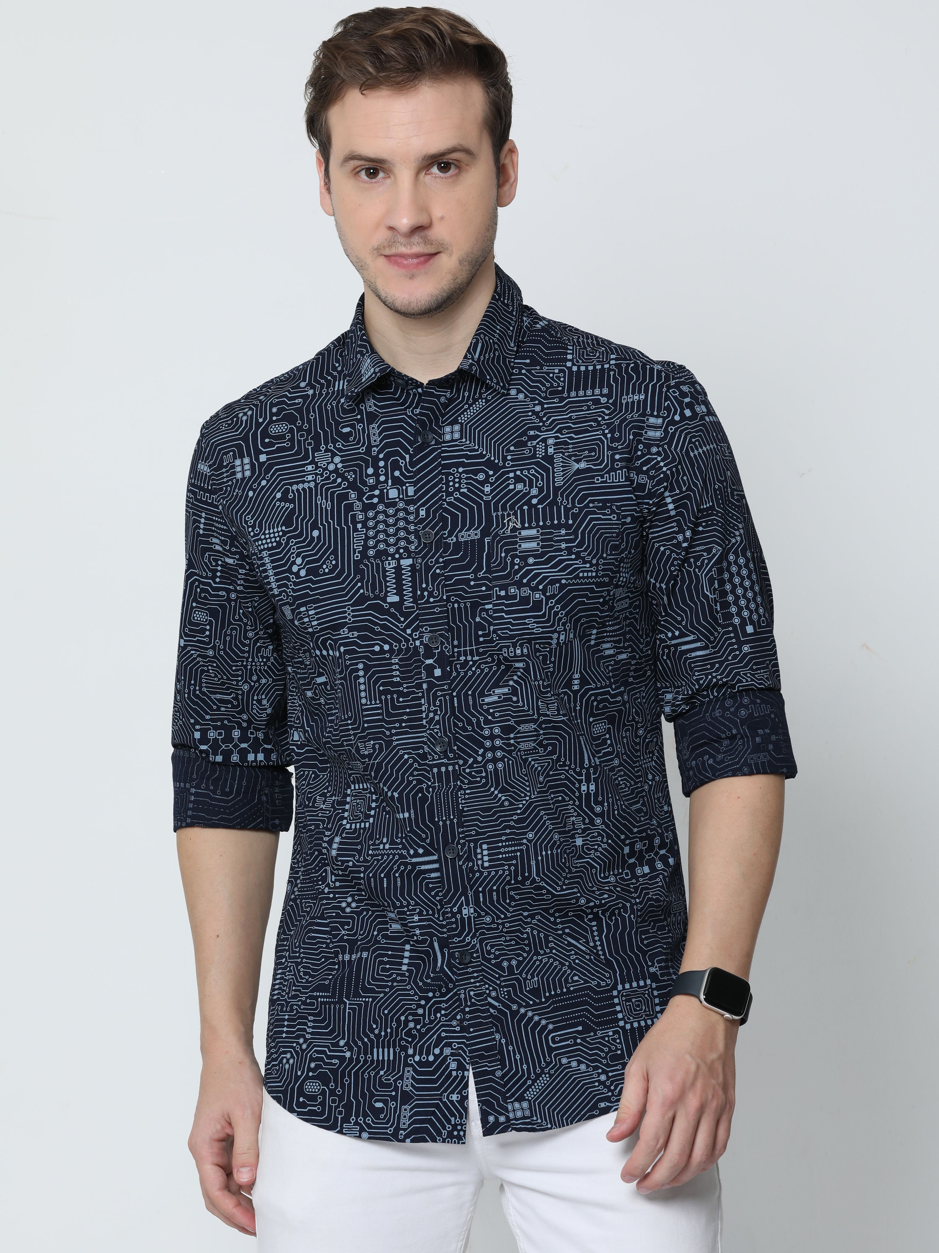 Classic Polo Mens Cotton Full Sleeve Printed Slim Fit Polo Neck Navy Blue Color Casual Shirt | SBO2-100 B-FS-PRT-BSL