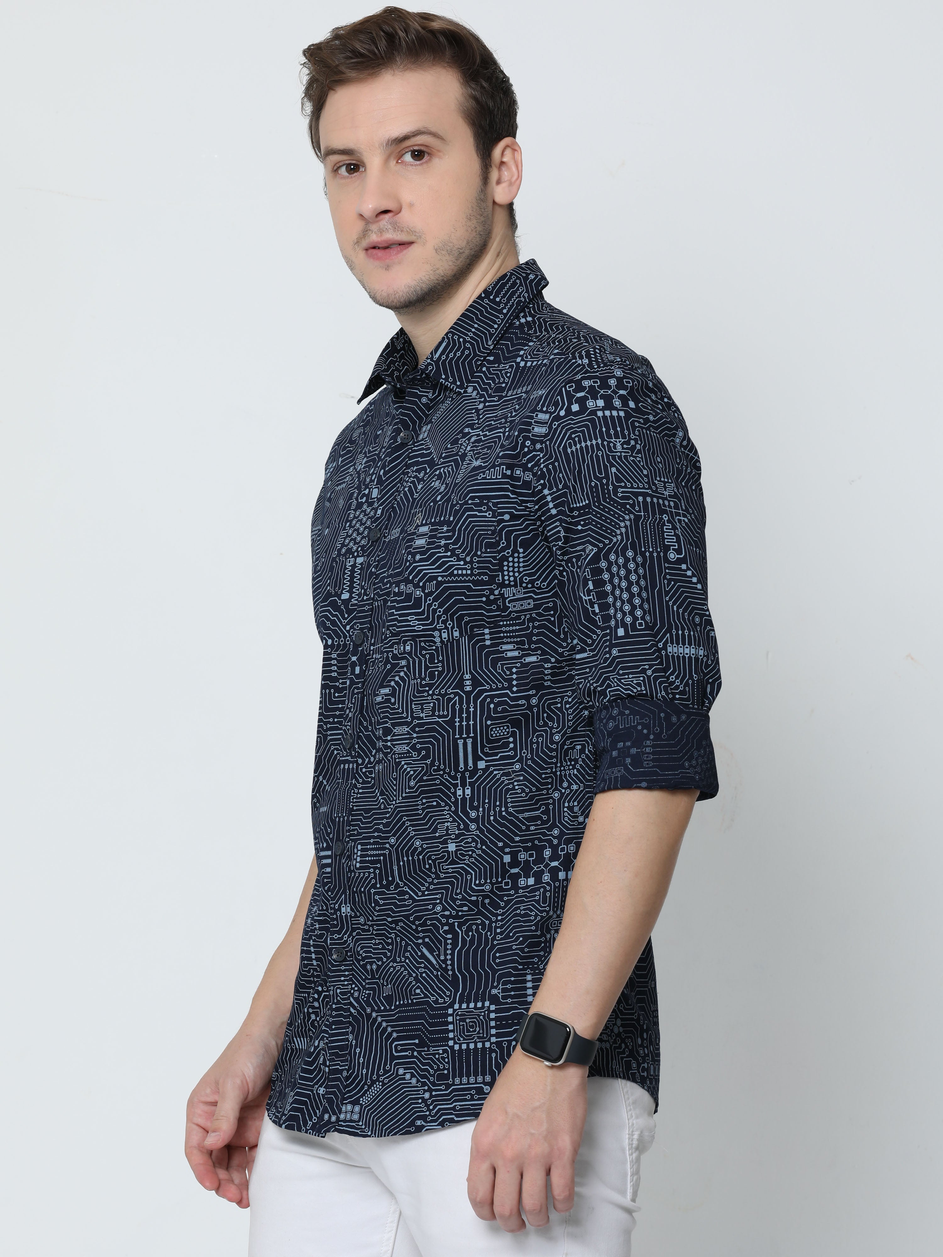 Classic Polo Mens Cotton Full Sleeve Printed Slim Fit Polo Neck Navy Blue Color Casual Shirt | SBO2-100 B-FS-PRT-BSL