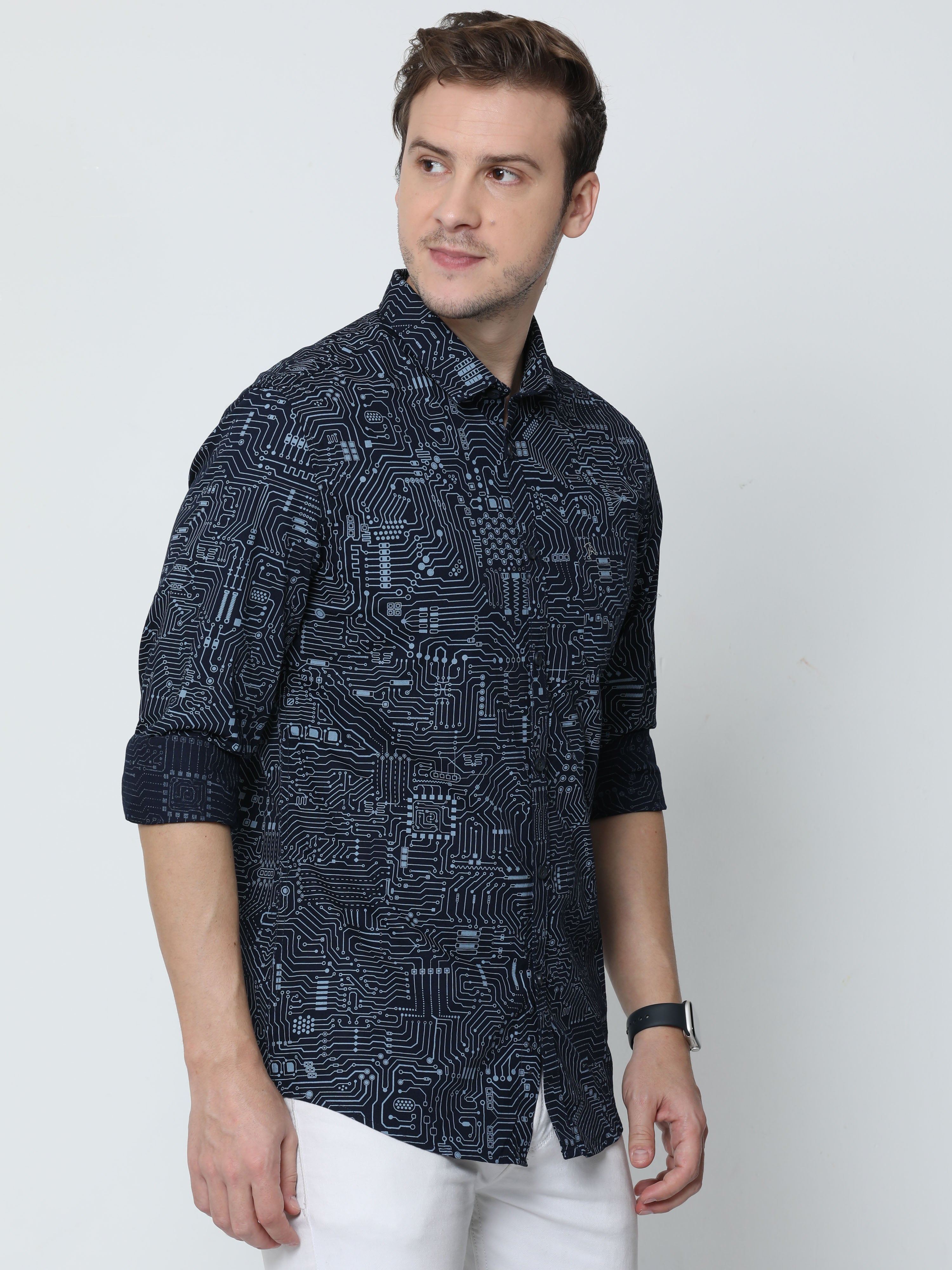 Classic Polo Mens Cotton Full Sleeve Printed Slim Fit Polo Neck Navy Blue Color Casual Shirt | SBO2-100 B-FS-PRT-BSL