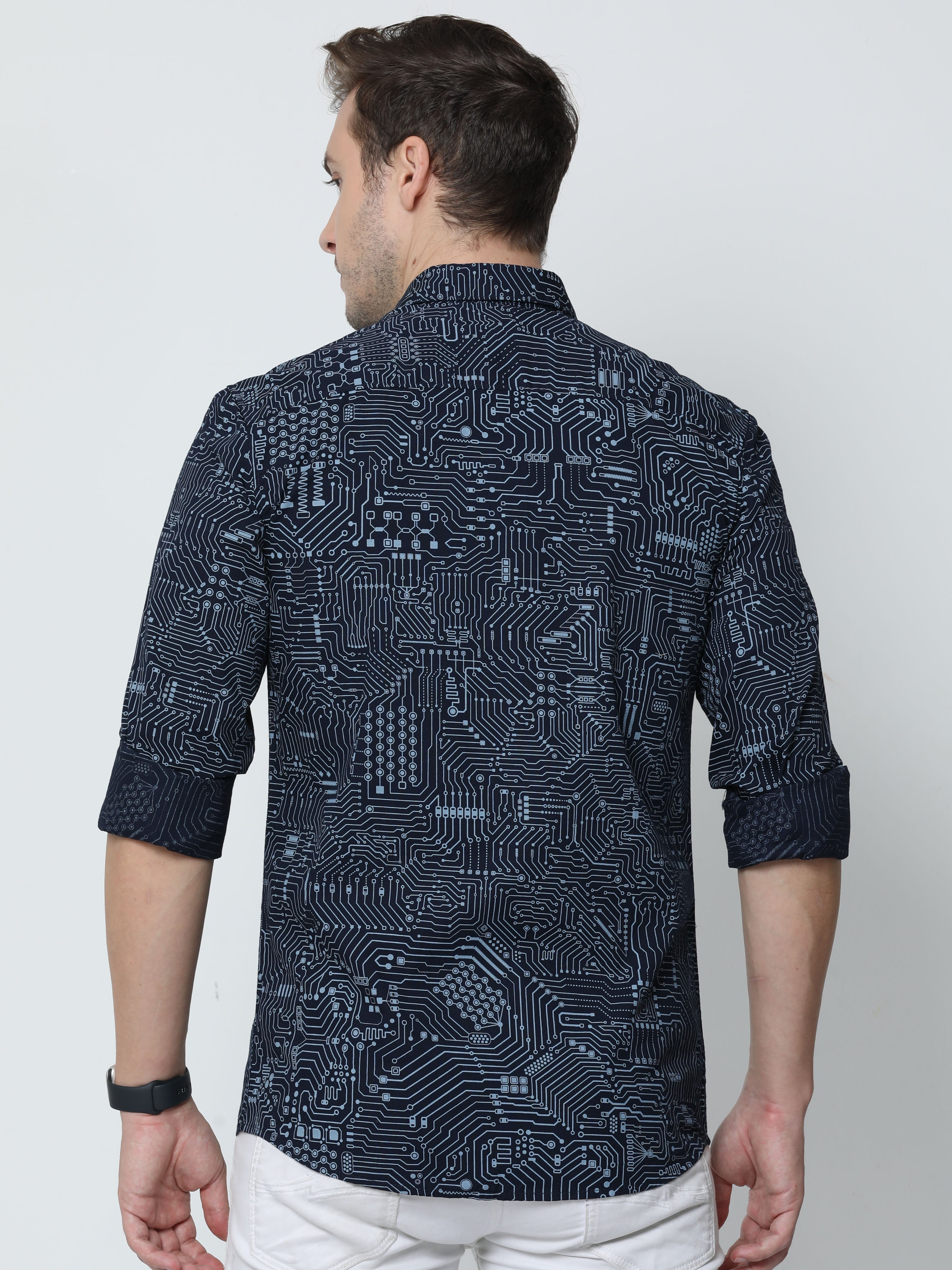 Classic Polo Mens Cotton Full Sleeve Printed Slim Fit Polo Neck Navy Blue Color Casual Shirt | SBO2-100 B-FS-PRT-BSL