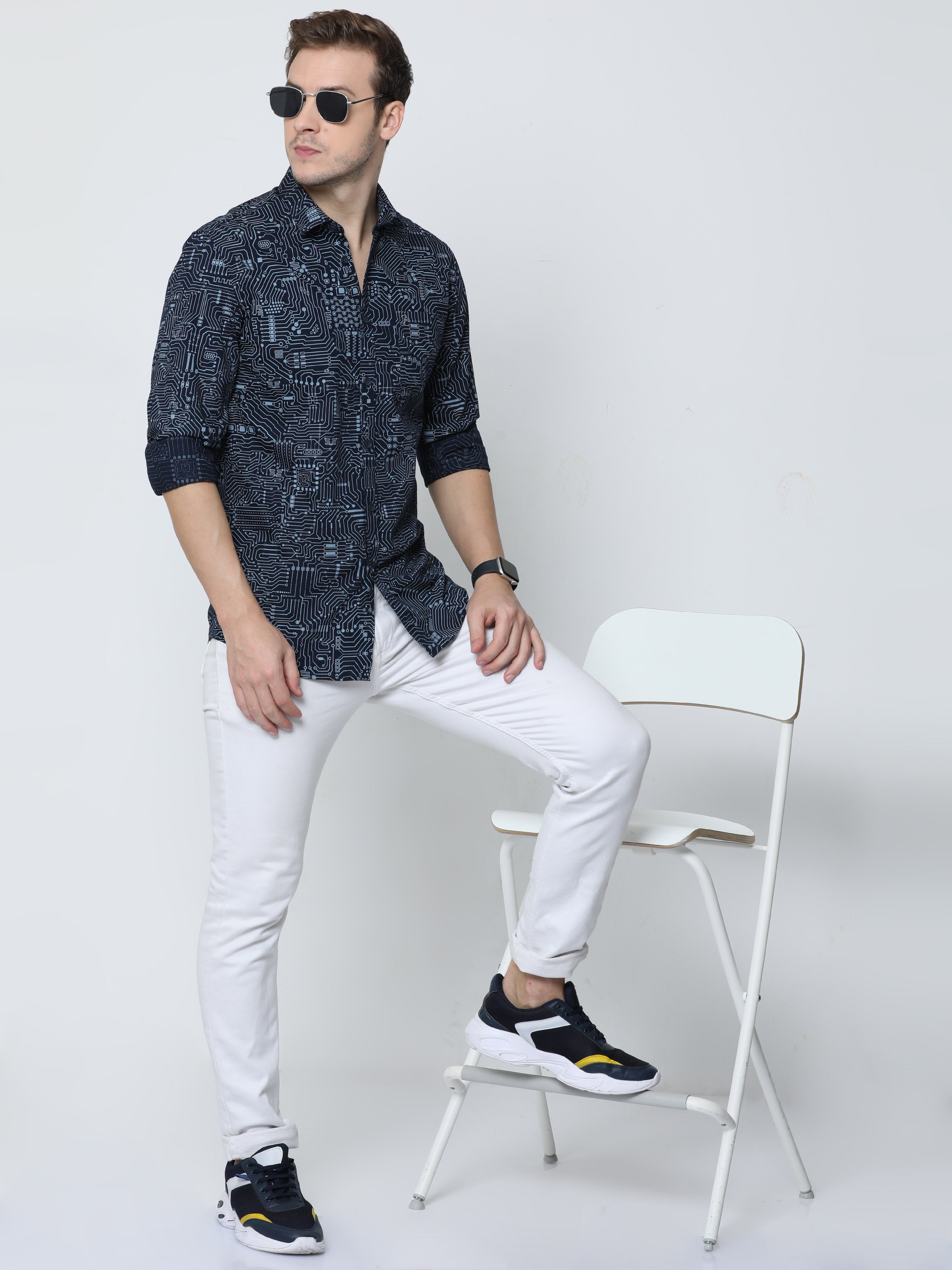 Classic Polo Mens Cotton Full Sleeve Printed Slim Fit Polo Neck Navy Blue Color Casual Shirt | SBO2-100 B-FS-PRT-BSL