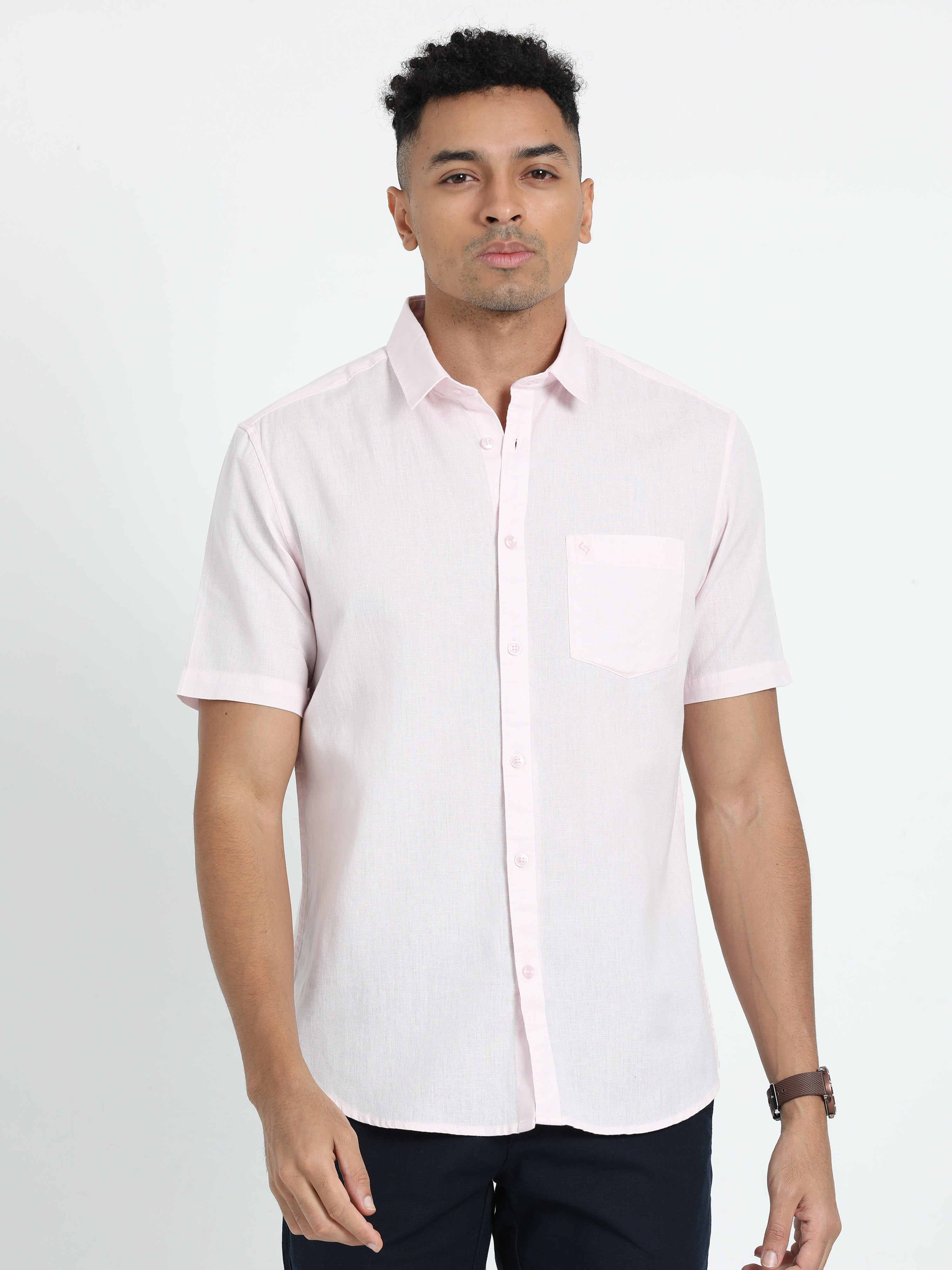 Classic Polo Men's Solid Pink Cotton Linen Half Sleeve Woven Shirt | DAMASK-PINK SF HS