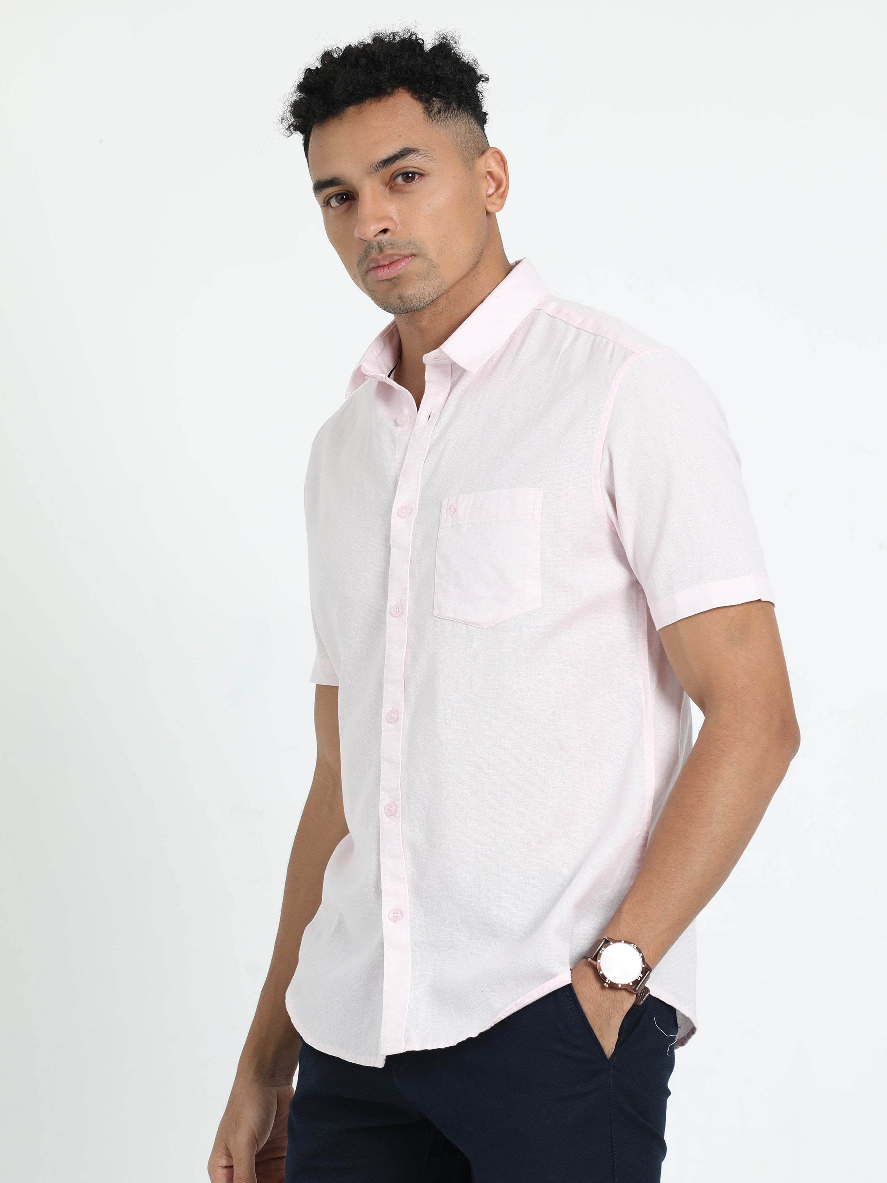 Classic Polo Men's Solid Pink Cotton Linen Half Sleeve Woven Shirt | DAMASK-PINK SF HS