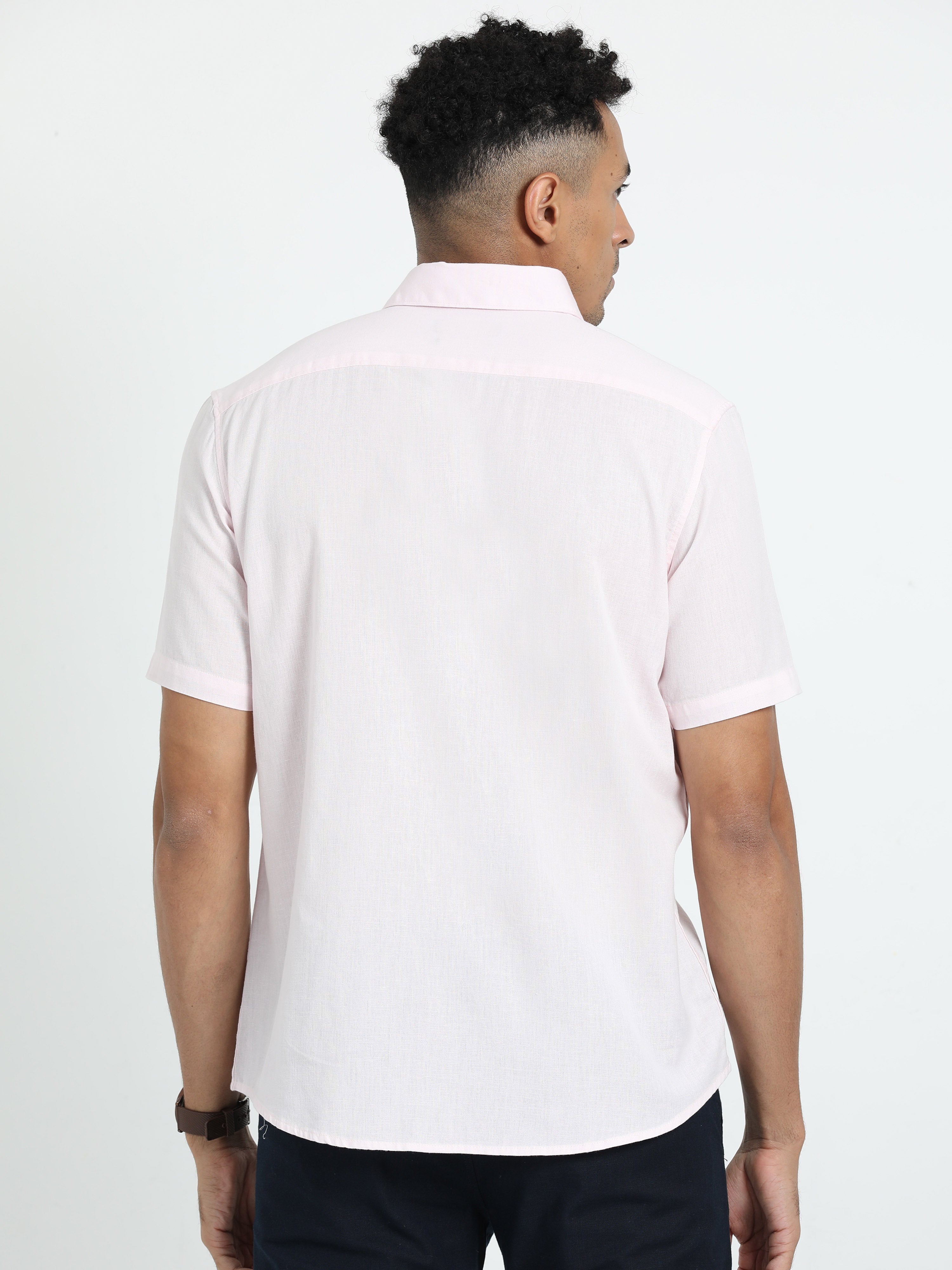 Classic Polo Men's Solid Pink Cotton Linen Half Sleeve Woven Shirt | DAMASK-PINK SF HS