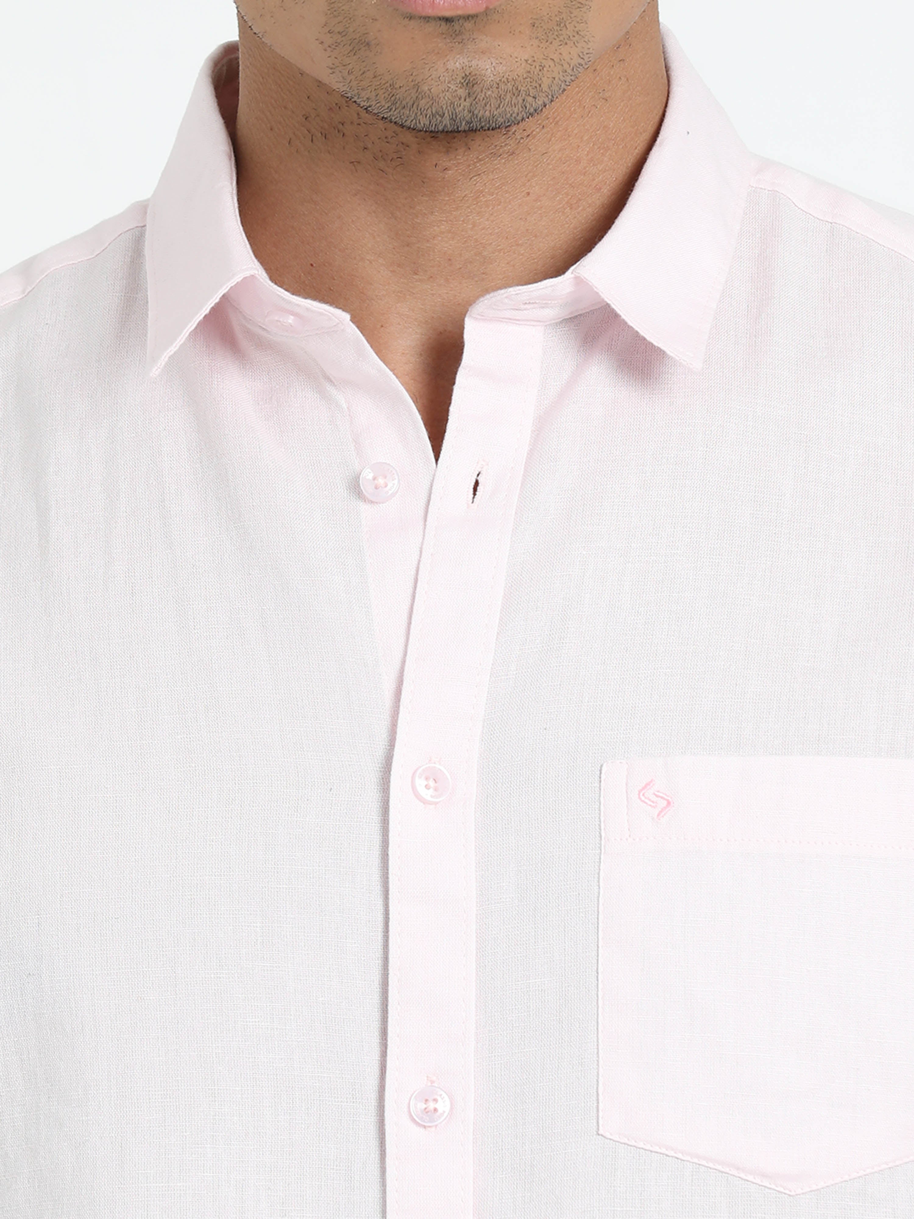 Classic Polo Men's Solid Pink Cotton Linen Half Sleeve Woven Shirt | DAMASK-PINK SF HS