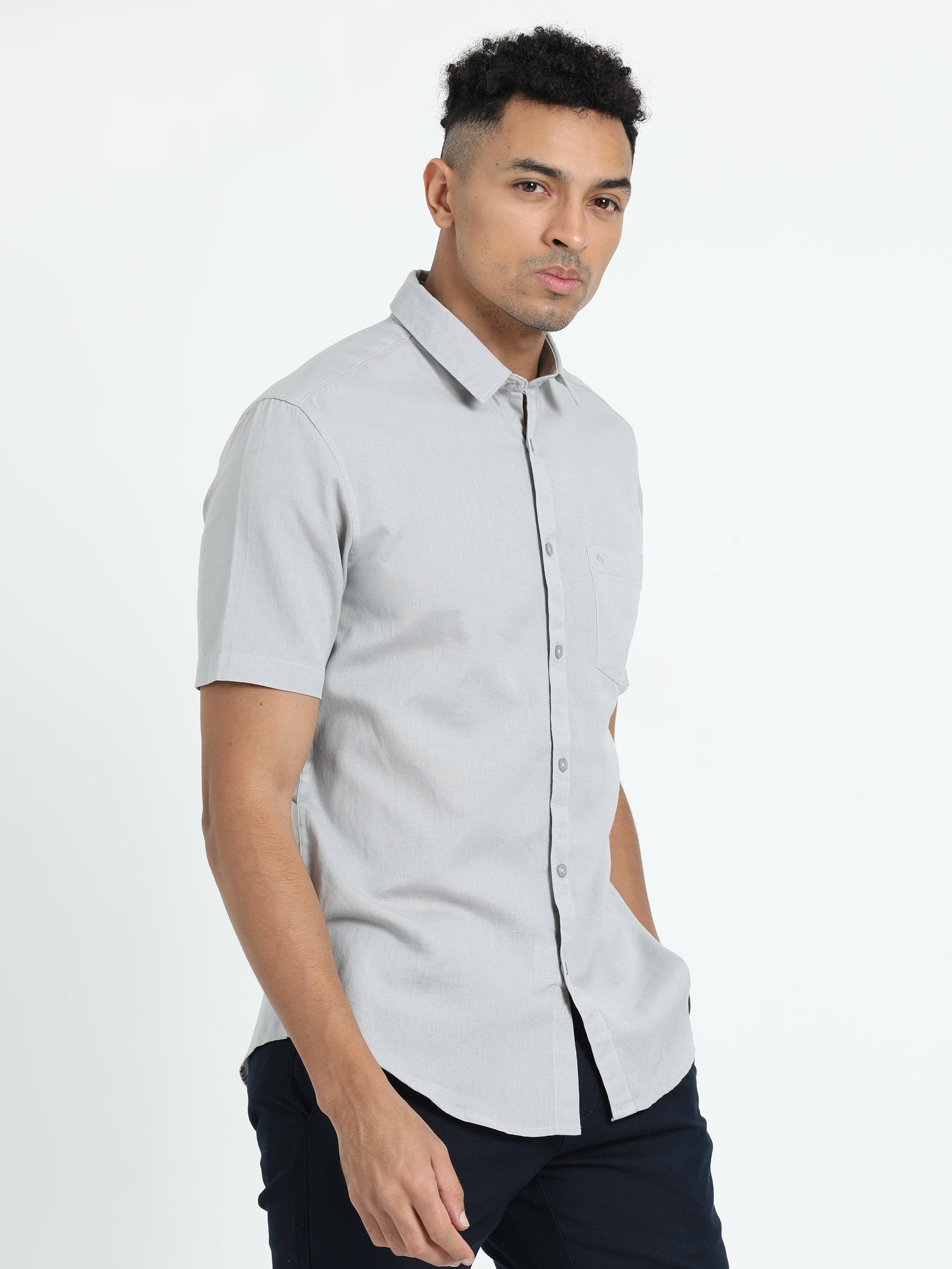Classic Polo Men's Solid Grey Cotton Linen Half Sleeve Woven Shirt | DAMASK-GREY SF HS