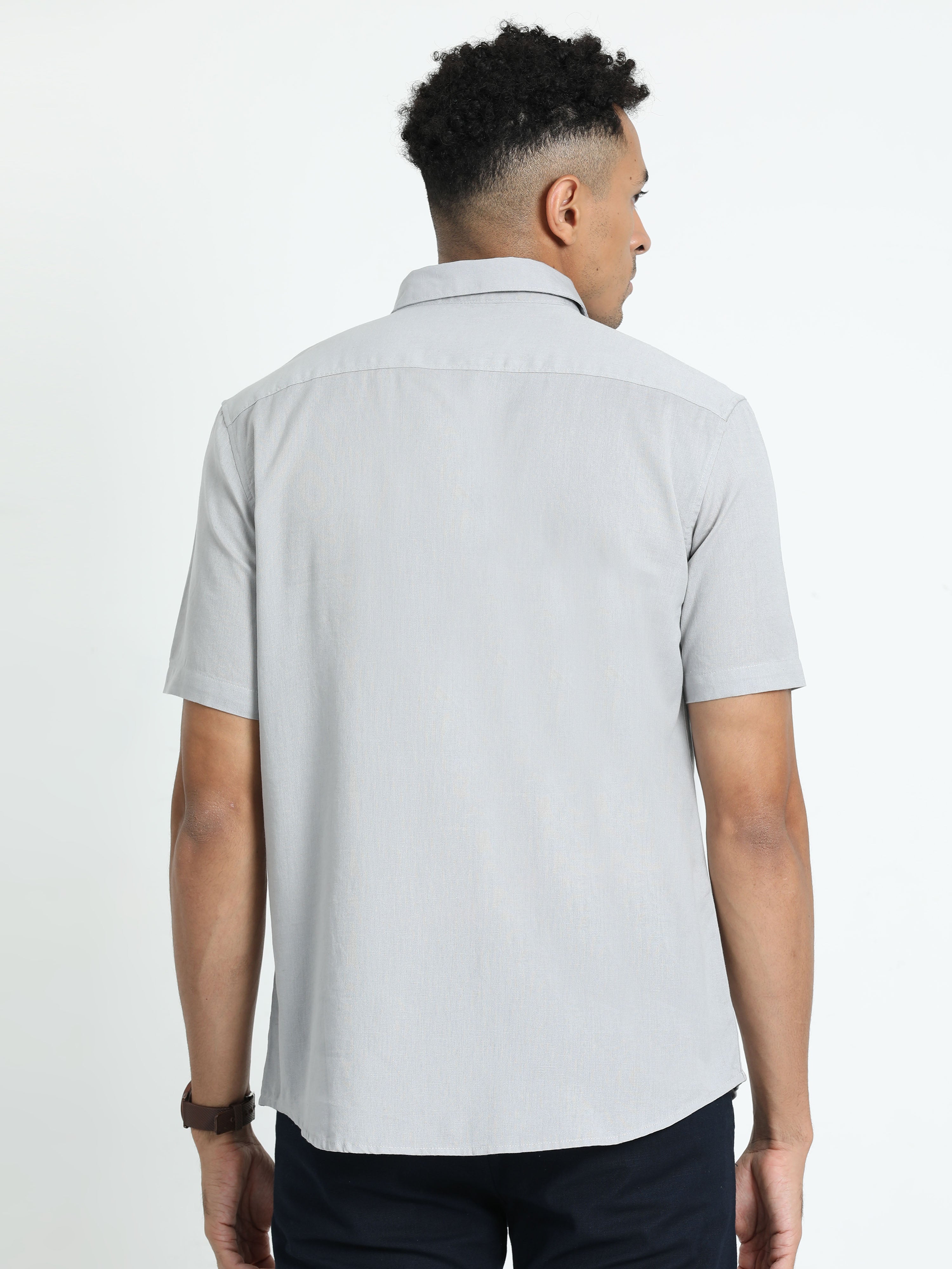 Classic Polo Men's Solid Grey Cotton Linen Half Sleeve Woven Shirt | DAMASK-GREY SF HS