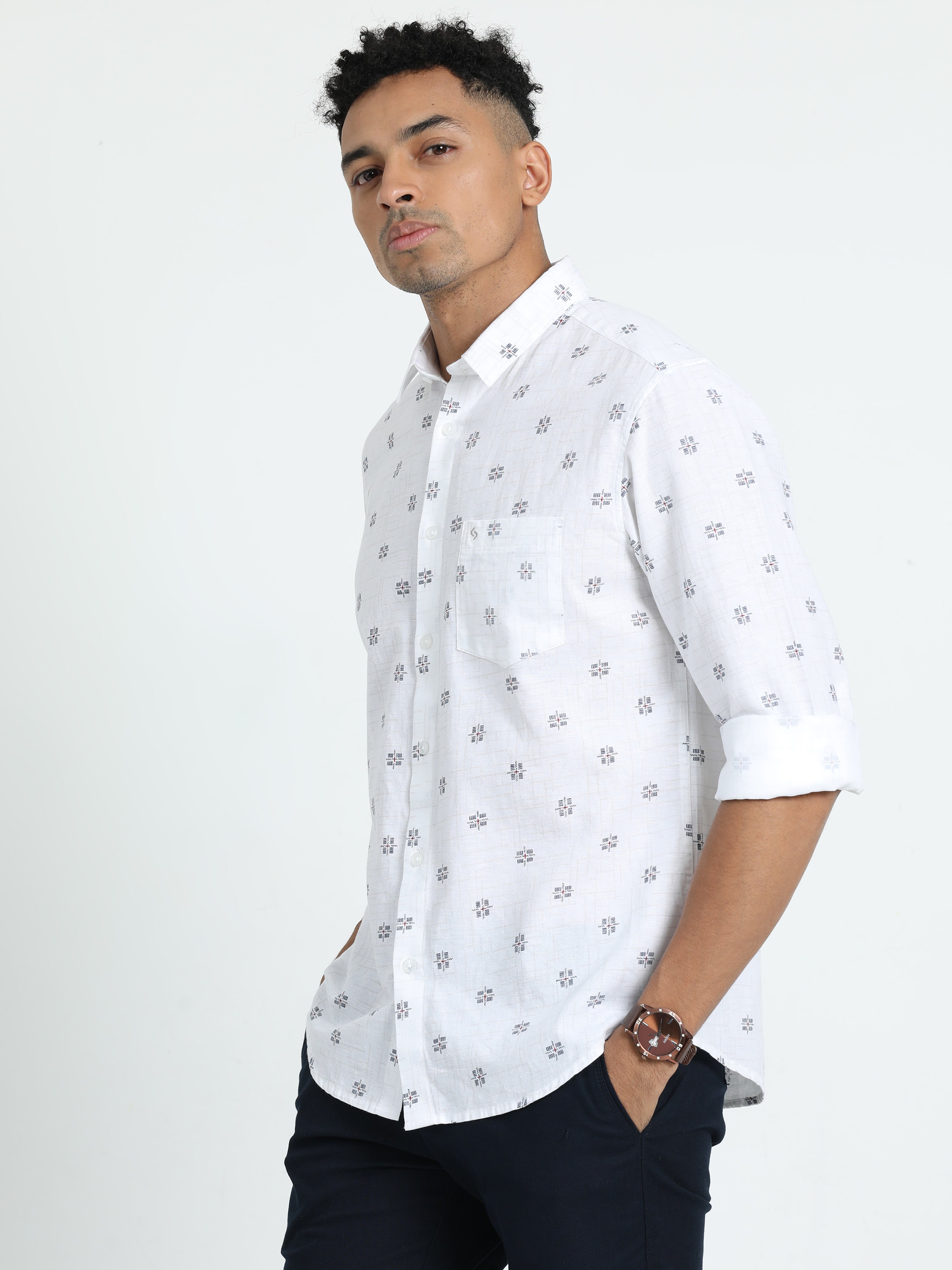 Classic Polo Men's Printed White Cotton Linen Full Sleeve Woven Shirt | LINEN - 42 A-FS-PRT-SF