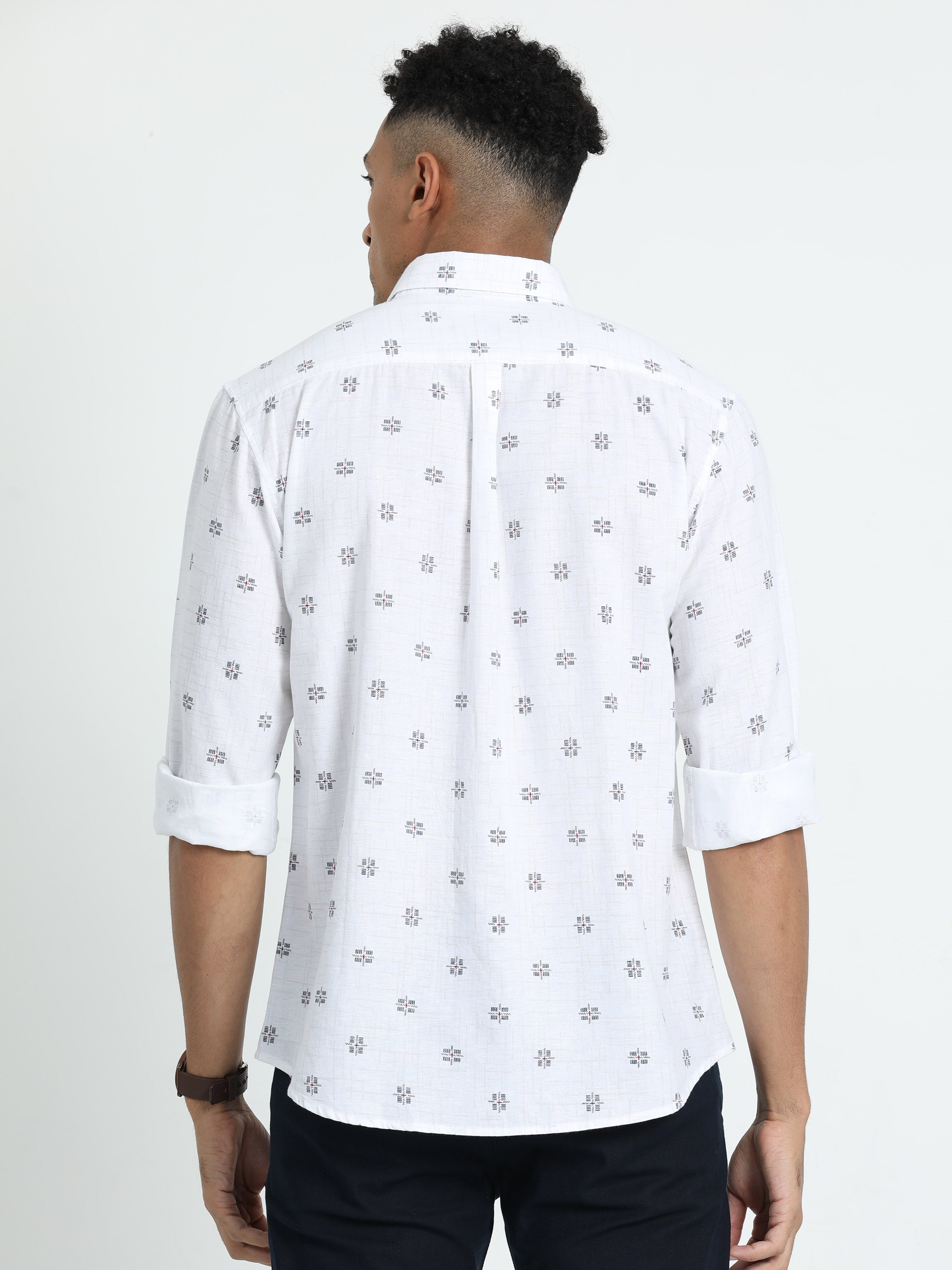 Classic Polo Men's Printed White Cotton Linen Full Sleeve Woven Shirt | LINEN - 42 A-FS-PRT-SF