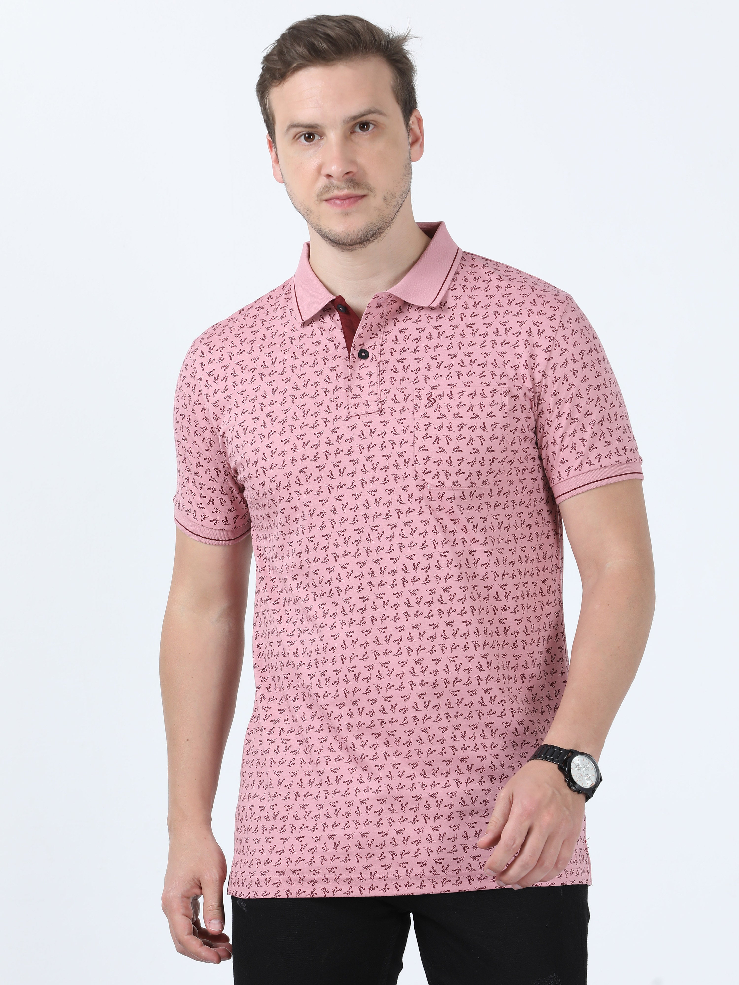 Classic Polo Men's Printed Dark Pink Cotton Half Sleeve T-Shirt | BELLO - 263 A SF P