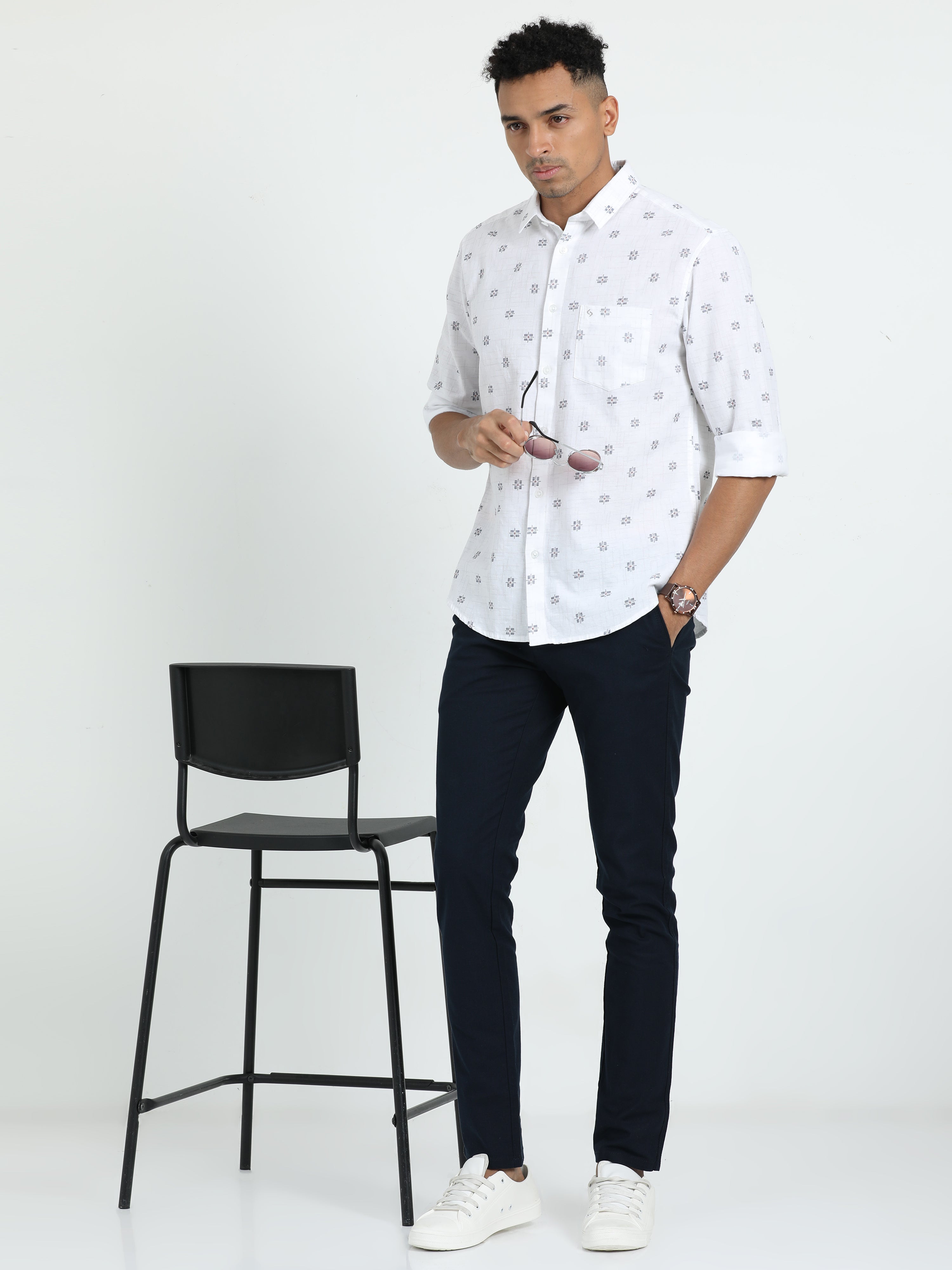 Classic Polo Men's Printed White Cotton Linen Full Sleeve Woven Shirt | LINEN - 42 A-FS-PRT-SF