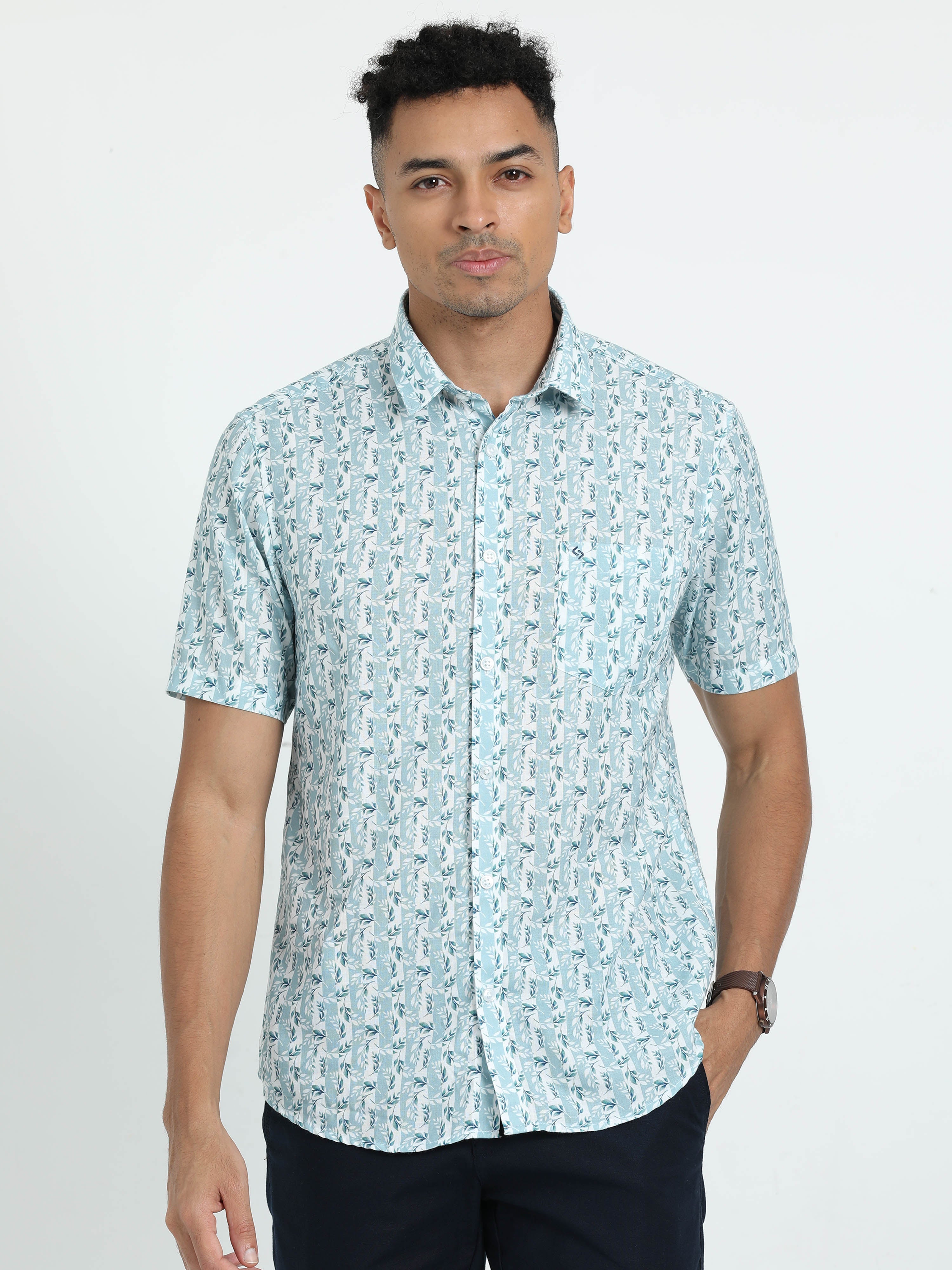 Classic Polo Men's Printed Blue Cotton Half Sleeve Woven Shirt | SO2-132 A-HS-PRT-SF