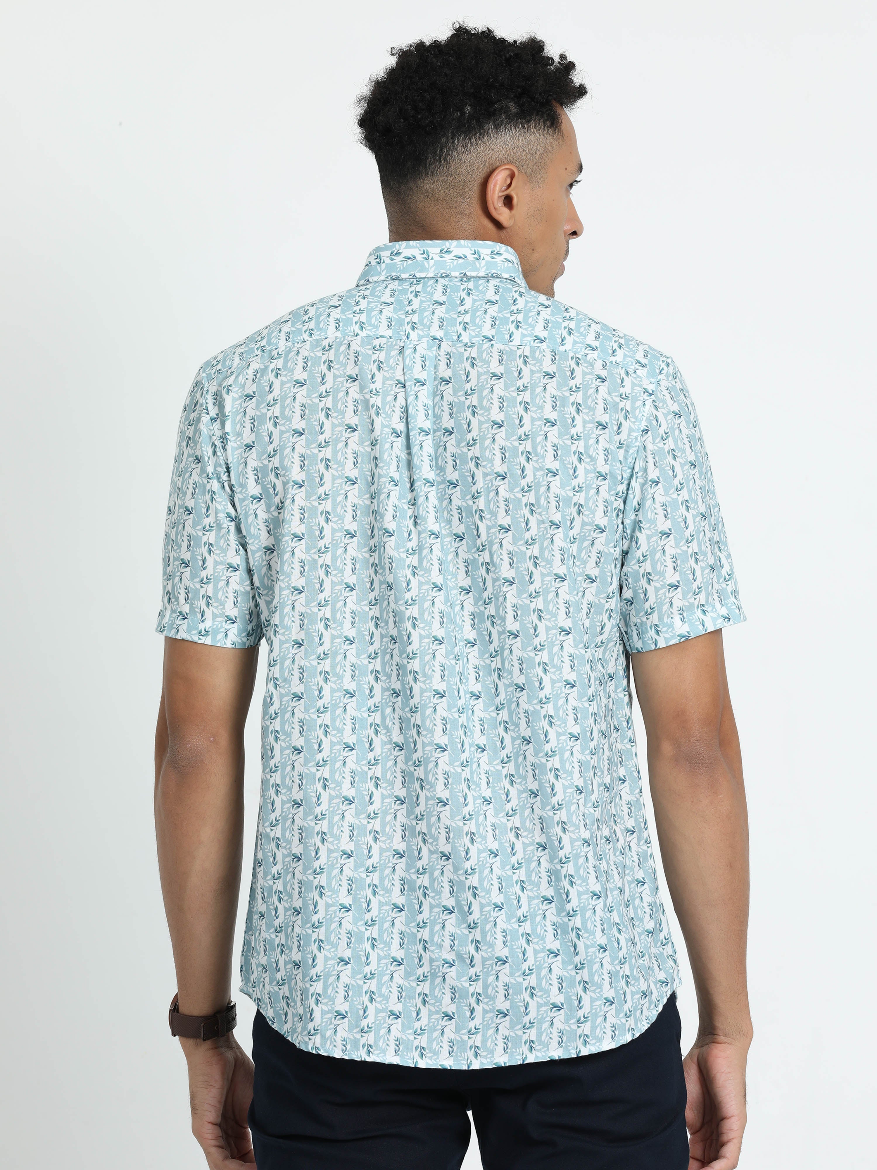 Classic Polo Men's Printed Blue Cotton Half Sleeve Woven Shirt | SO2-132 A-HS-PRT-SF