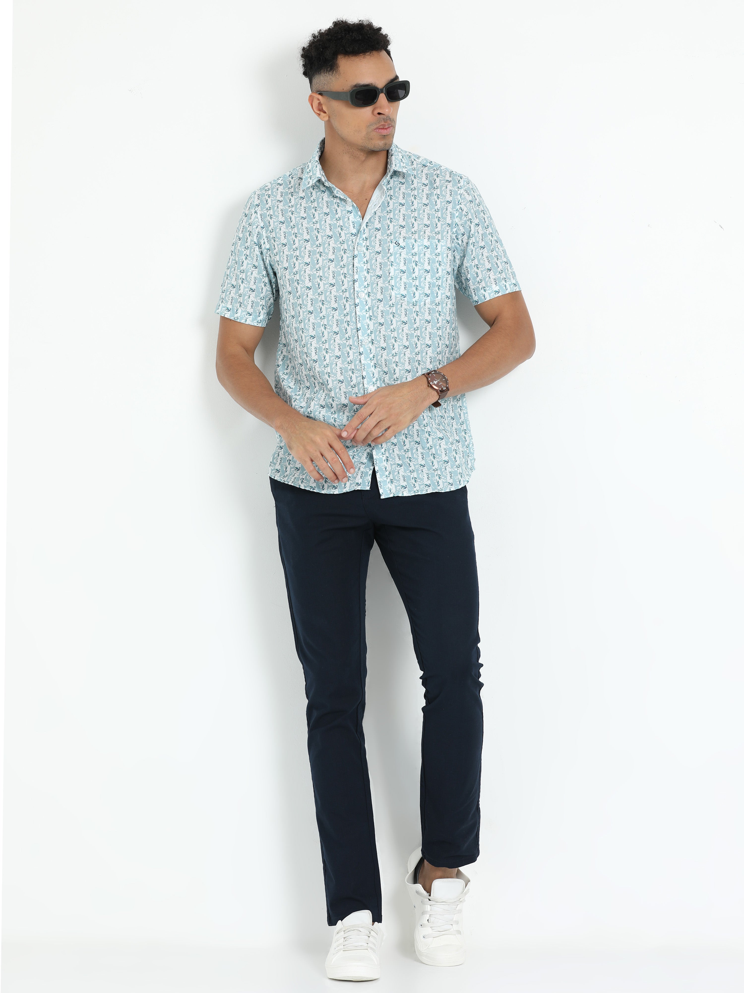 Classic Polo Men's Printed Blue Cotton Half Sleeve Woven Shirt | SO2-132 A-HS-PRT-SF