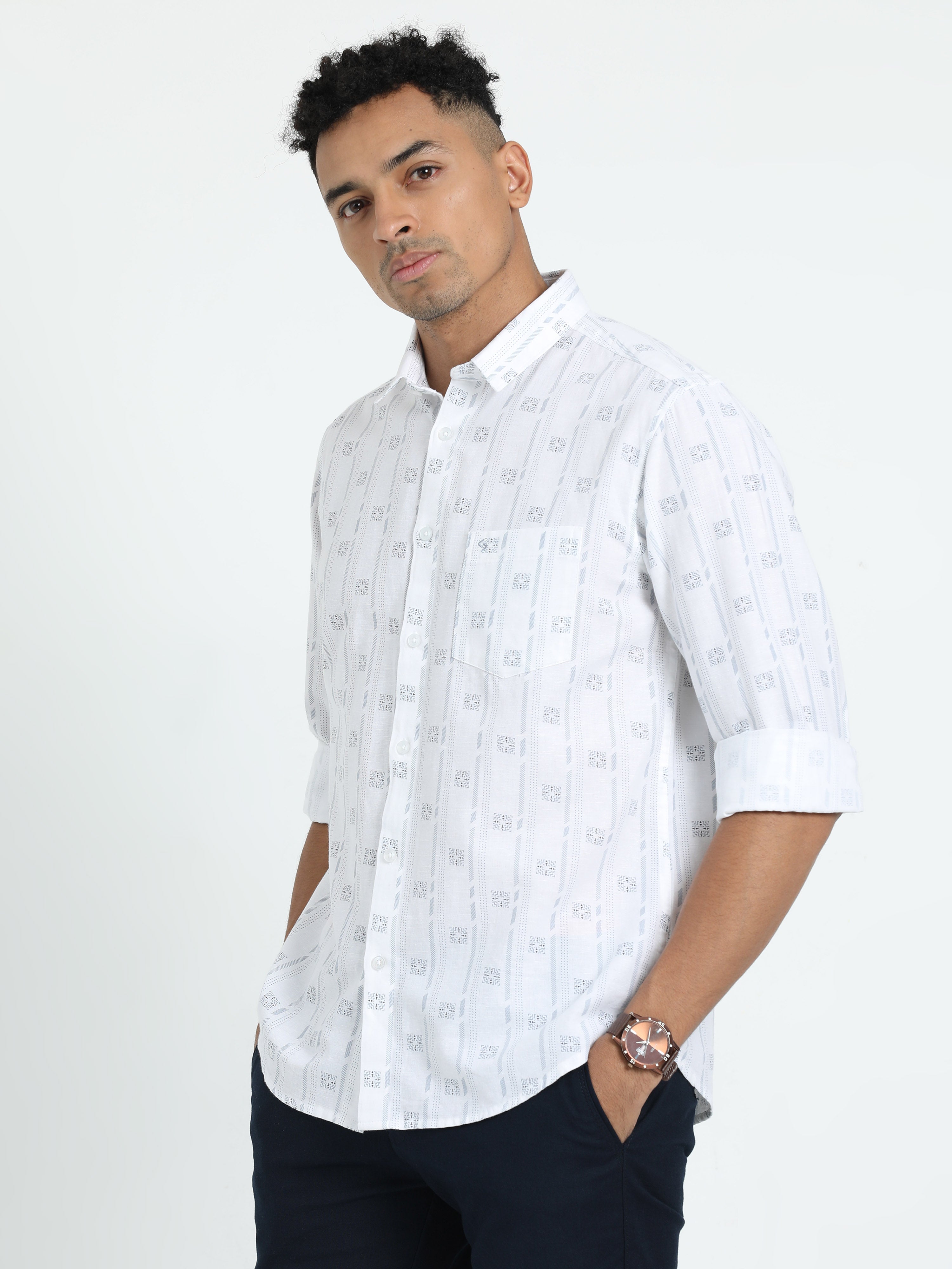 Classic Polo Men's Printed White Cotton Linen Full Sleeve Woven Shirt | LINEN - 44 A-FS-PRT-SF