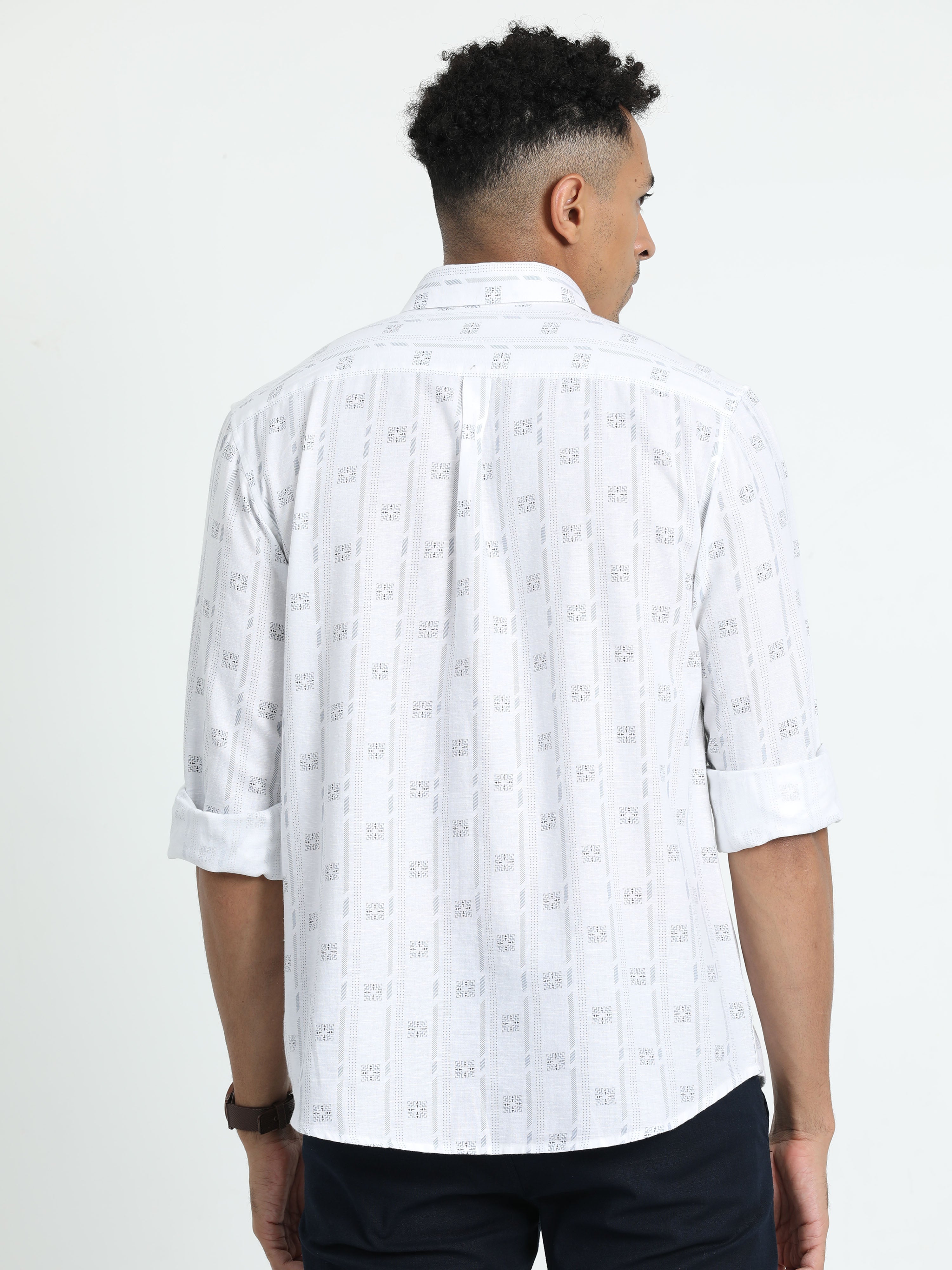 Classic Polo Men's Printed White Cotton Linen Full Sleeve Woven Shirt | LINEN - 44 A-FS-PRT-SF