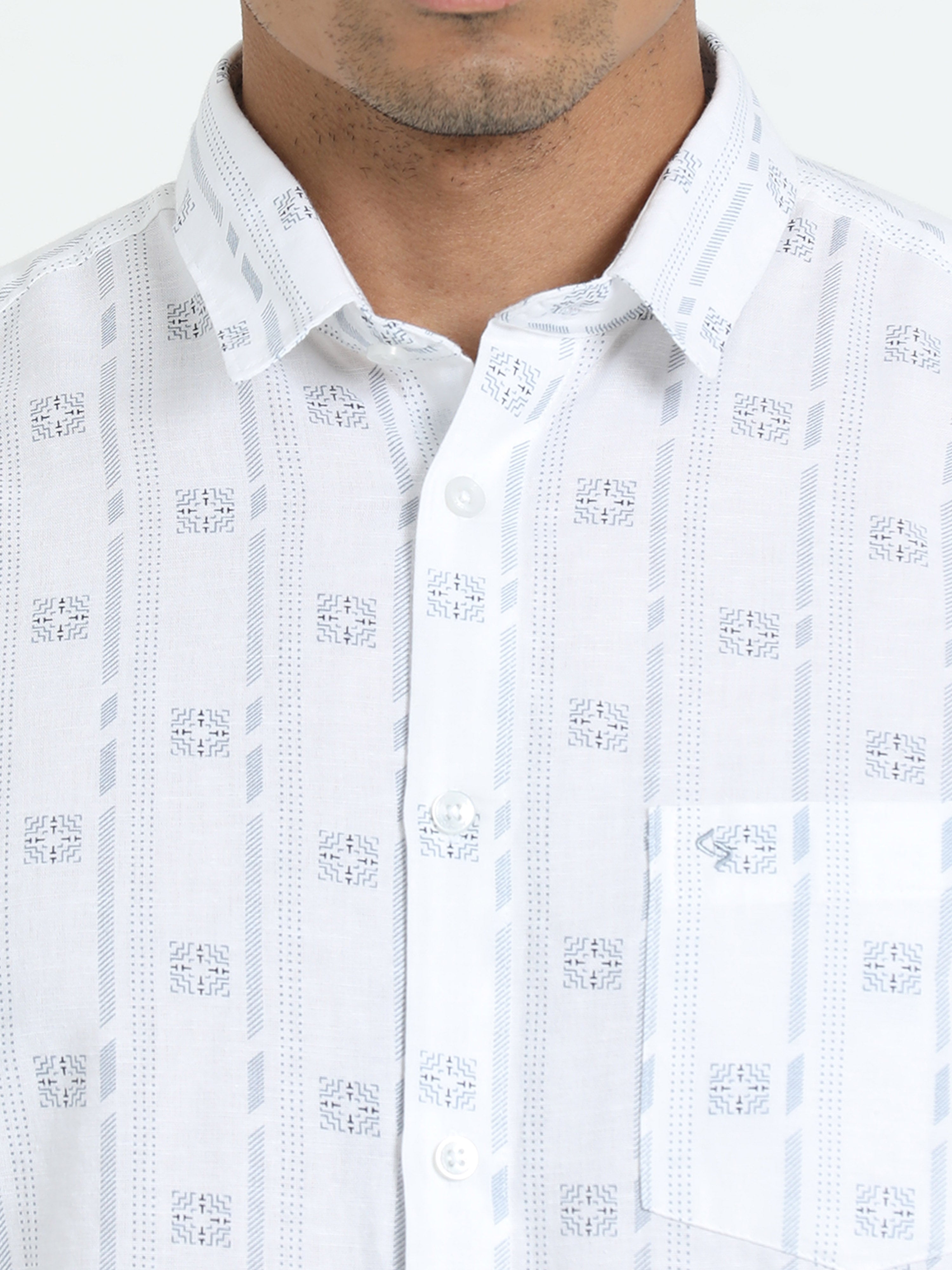 Classic Polo Men's Printed White Cotton Linen Full Sleeve Woven Shirt | LINEN - 44 A-FS-PRT-SF