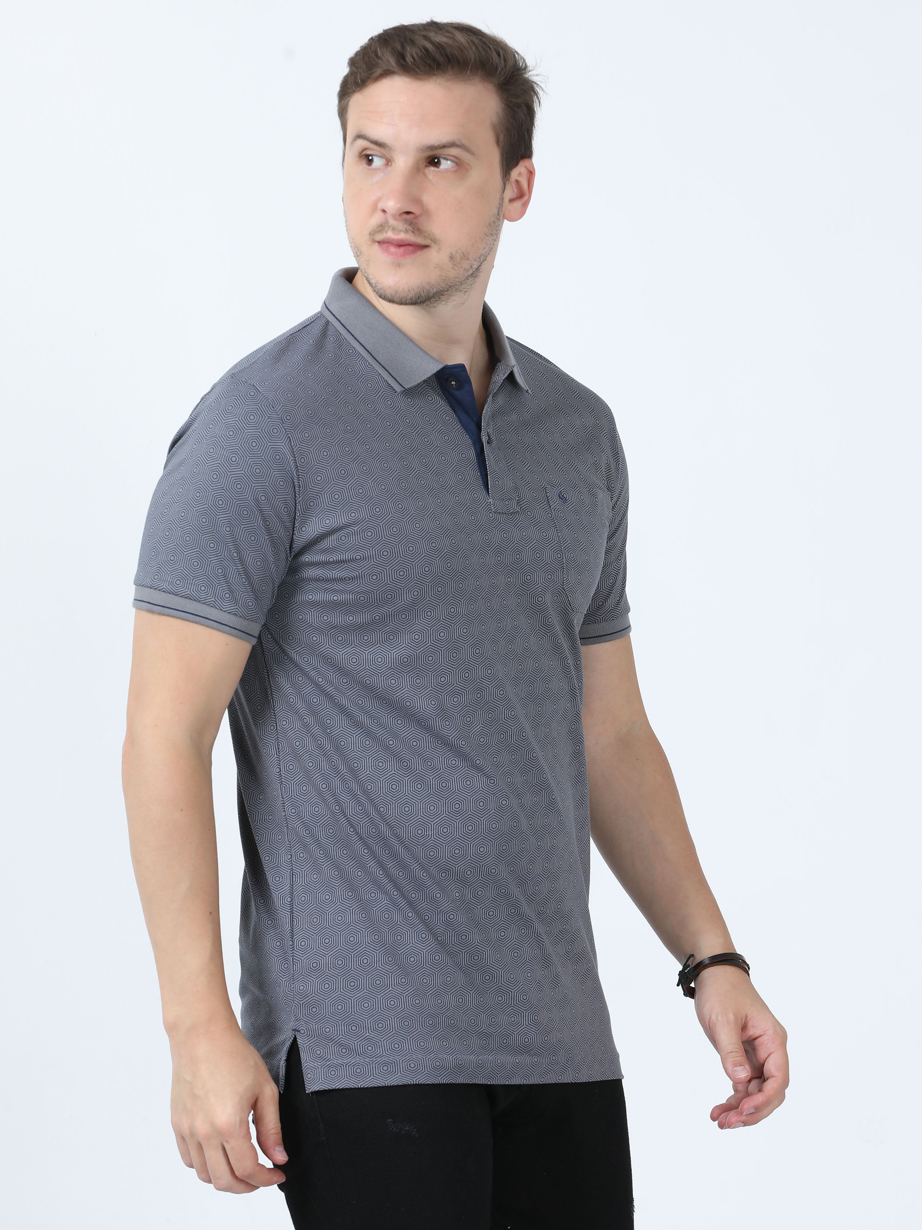 Classic Polo Men's Printed Grey Cotton Half Sleeve T-Shirt | BELLO - 262 B SF P